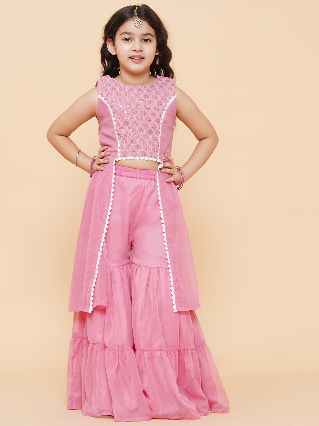 

Bitiya by Bhama Girls Pink Self Design Poly Georgette Straight Kurta with Sharara