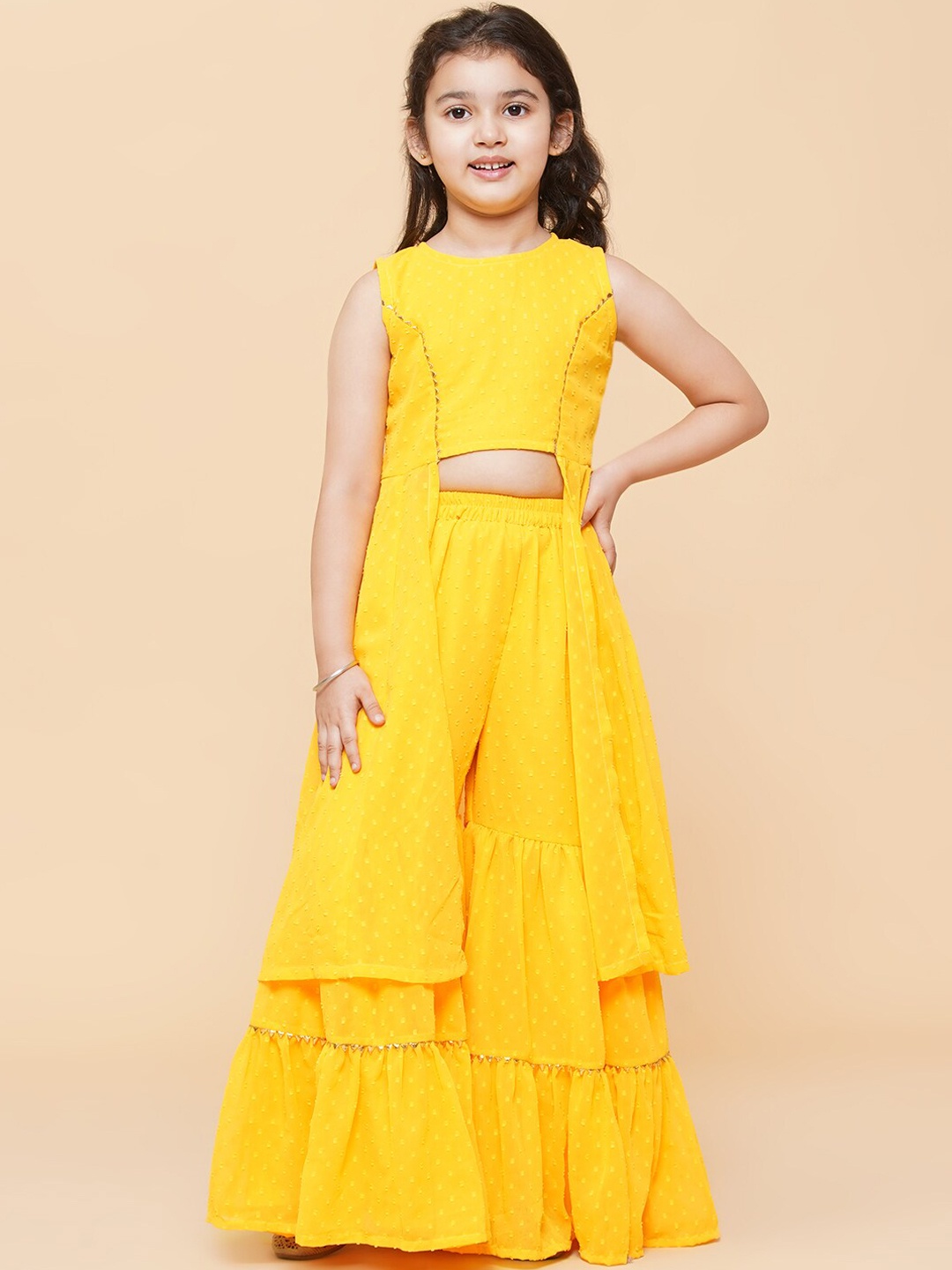 

Bitiya by Bhama Girls Yellow Self Design Poly Georgette Straight Kurta with Sharara