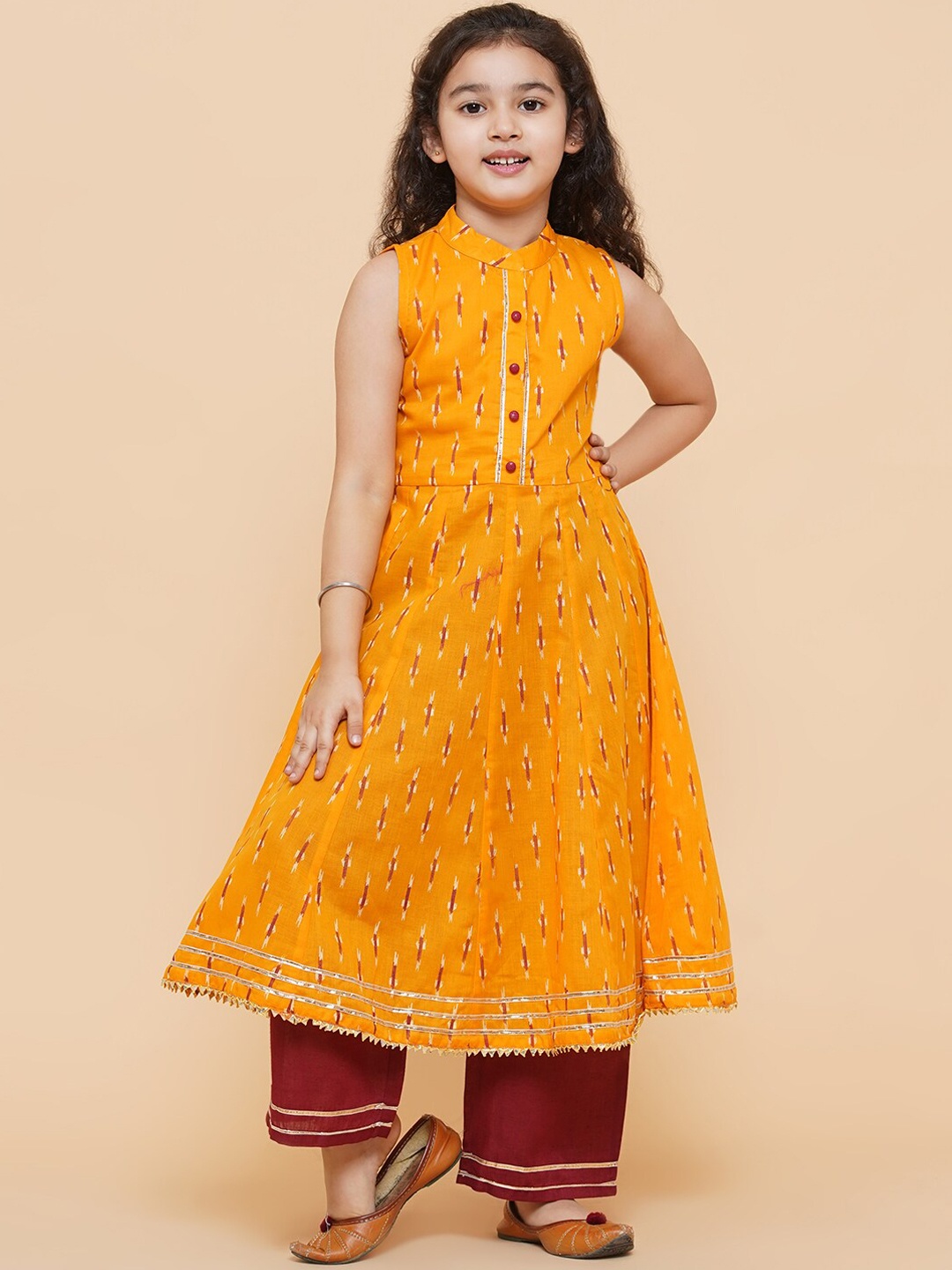 

Bitiya by Bhama Girls Mustard Yellow & Maroon Anarkali Kurta with Palazzos