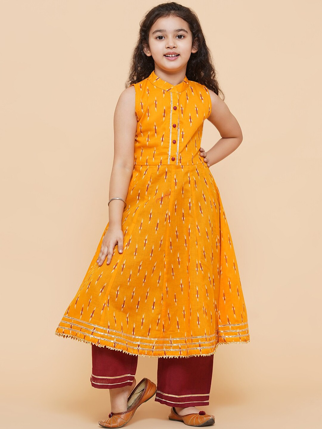 

Bitiya by Bhama Girls Yellow & Maroon Anarkali Kurta with Palazzos