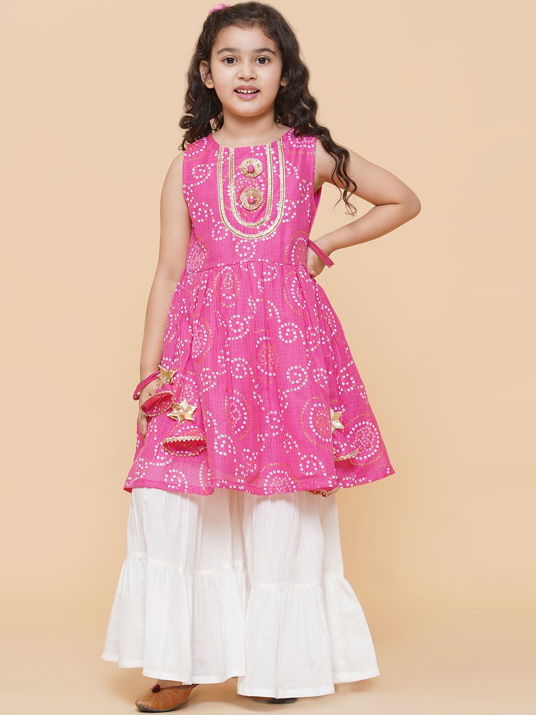 

Bitiya by Bhama Girls Pink Bandhani Printed Empire Gotta Patti Kurta with Sharara