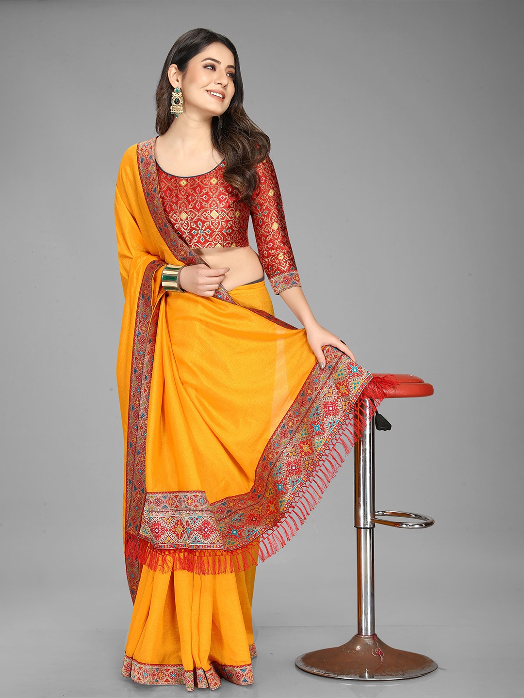 

DEETYA ARTS Yellow & Red Zari Art Silk Banarasi Saree