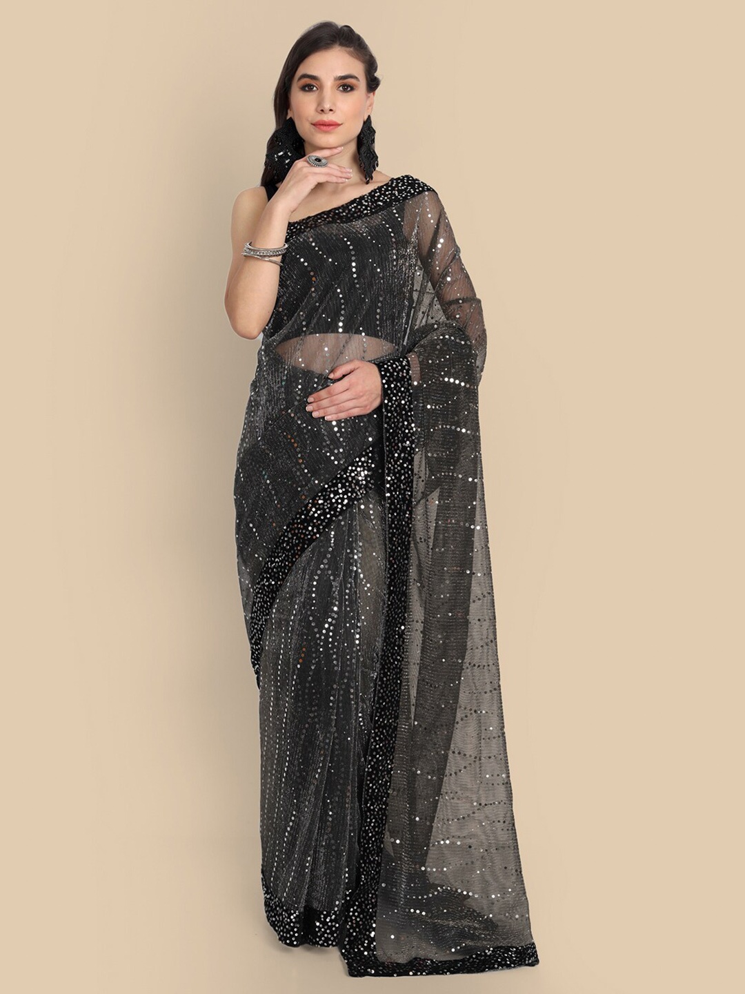 

Kuki Grey & Silver-Toned Embellished Sequinned Saree