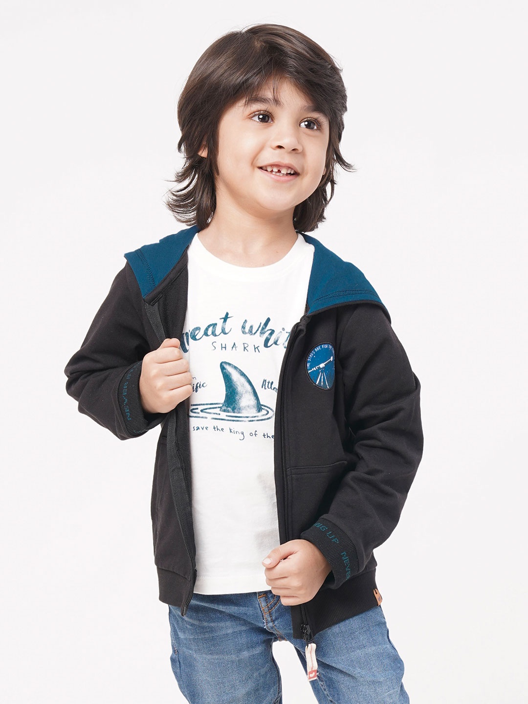 

Ed-a-Mamma Boys Black Open Front Jacket with Patchwork