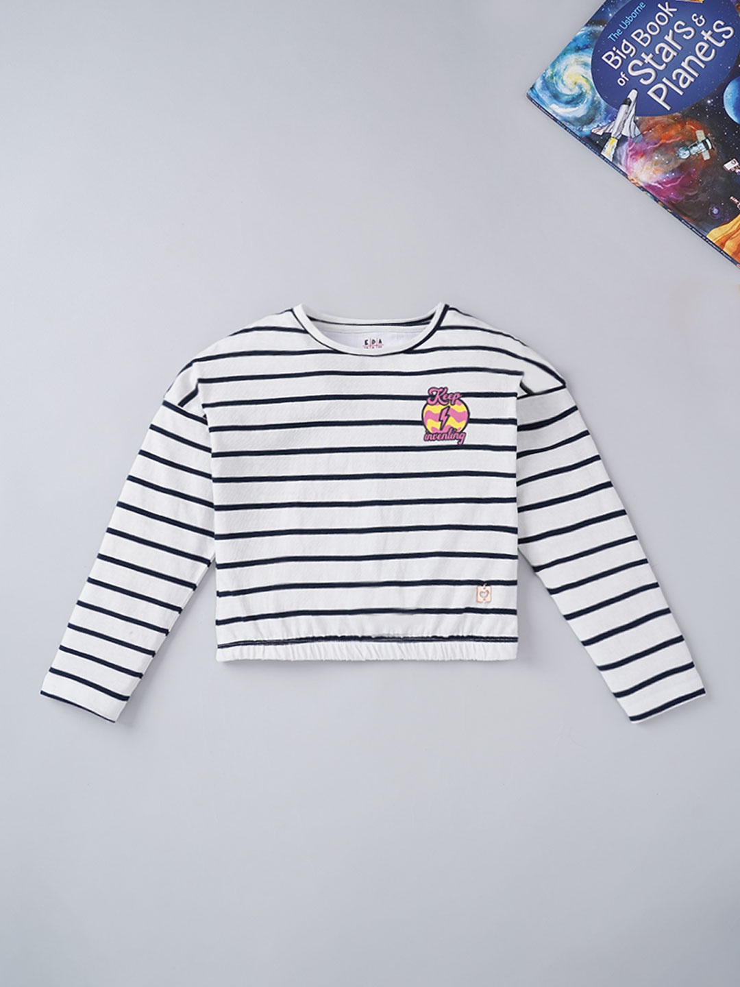 

Ed-a-Mamma Girls White & Navy Blue Printed Striped T-shirt