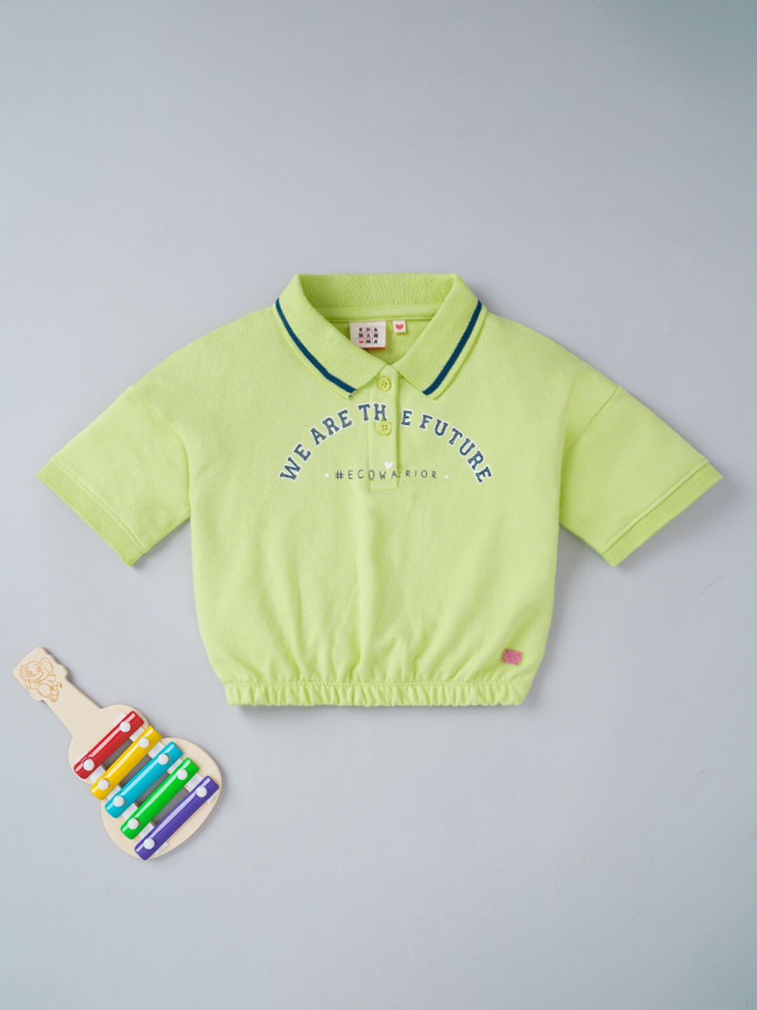 

Ed-a-Mamma Girls Lime Green Typography Printed Polo Collar Cotton T-shirt