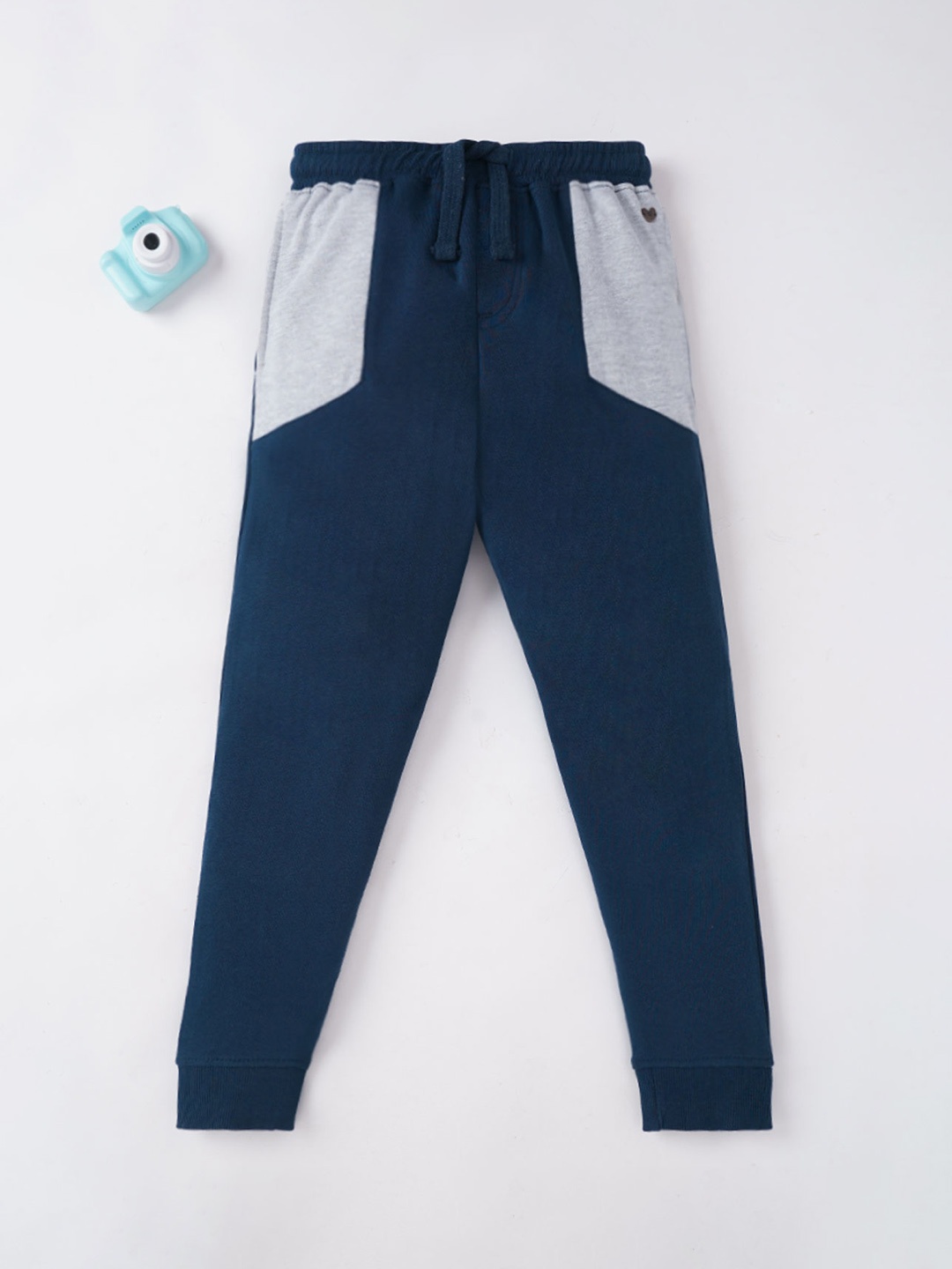 

Ed-a-Mamma Boys Navy Blue & Grey Colourblocked Drawstring Cotton Joggers