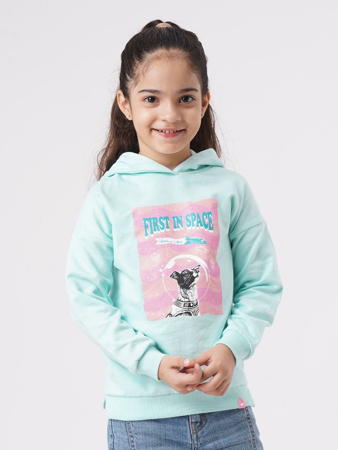 

Ed-a-Mamma Girls Blue Printed Hooded Sweatshirt