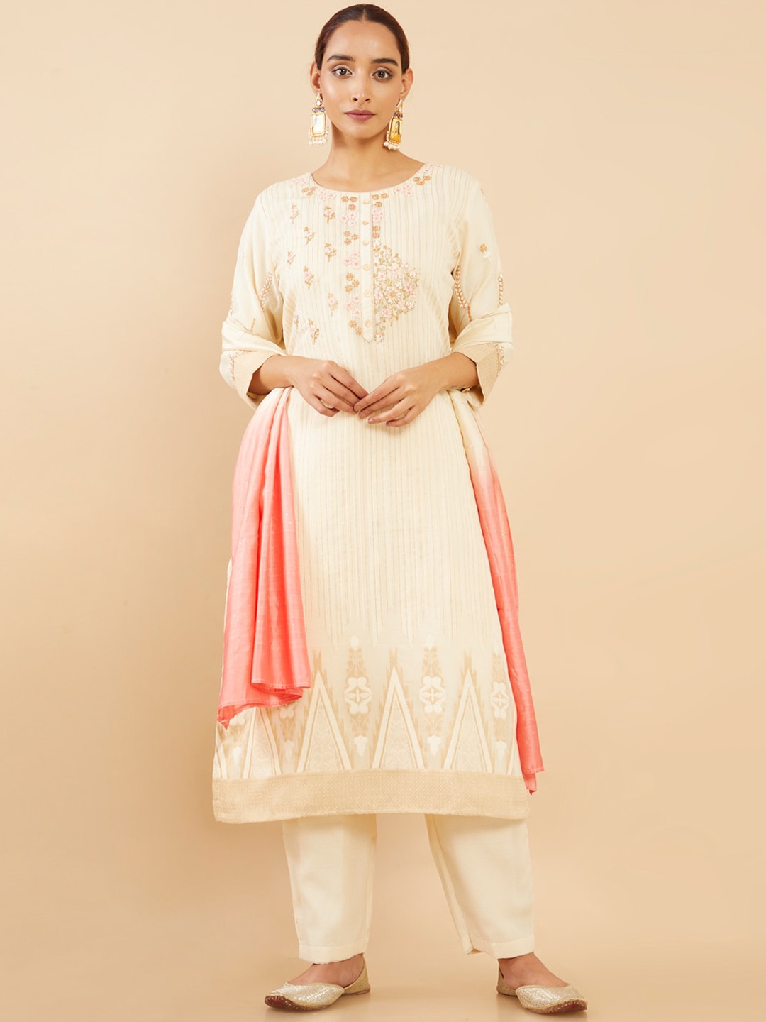 

Soch Women Beige Striped Straight Kurta with Trousers & With Dupatta