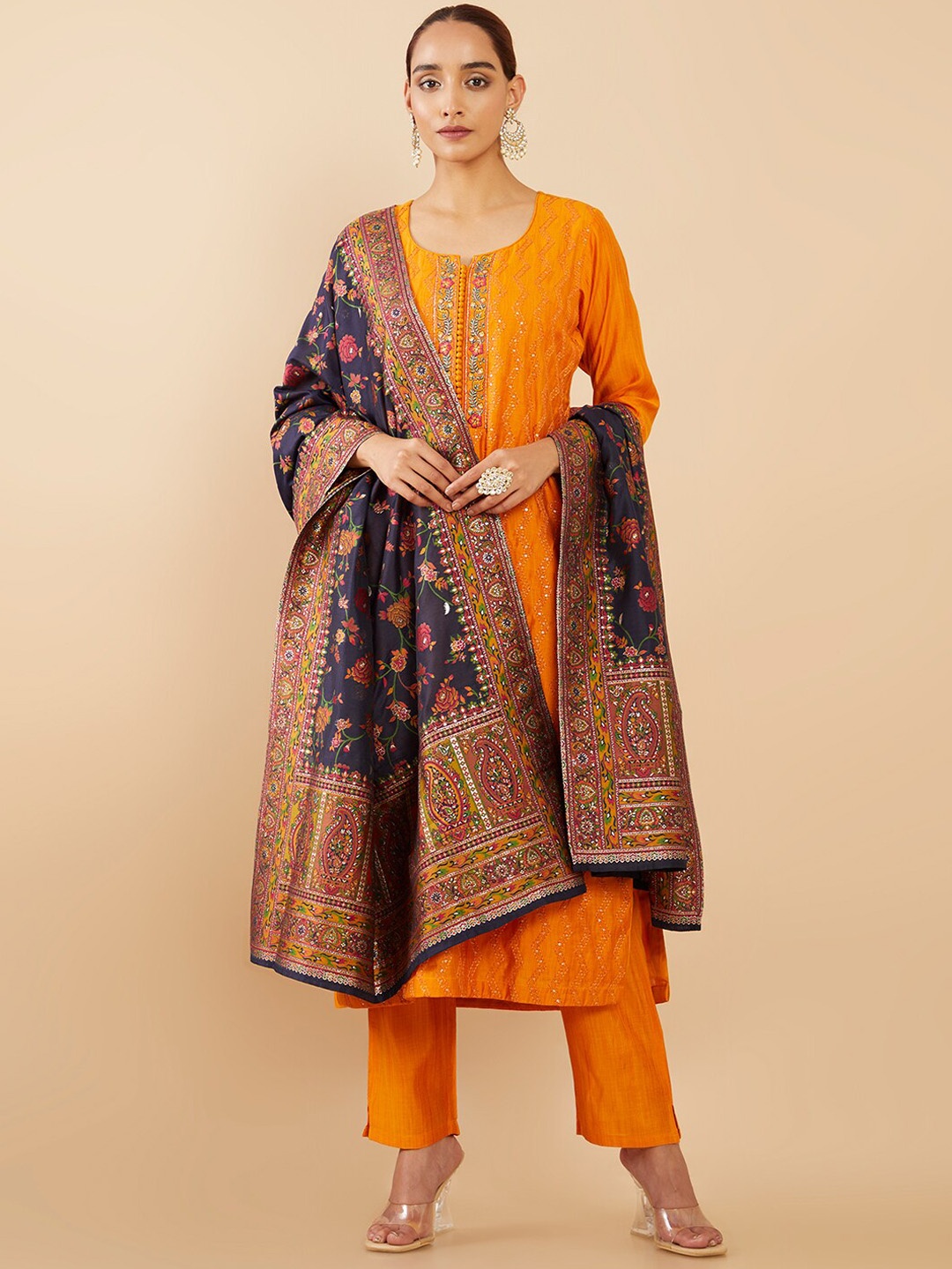 

Soch Women Orange Floral Embroidered Chanderi Silk Kurta with Trousers & With Dupatta