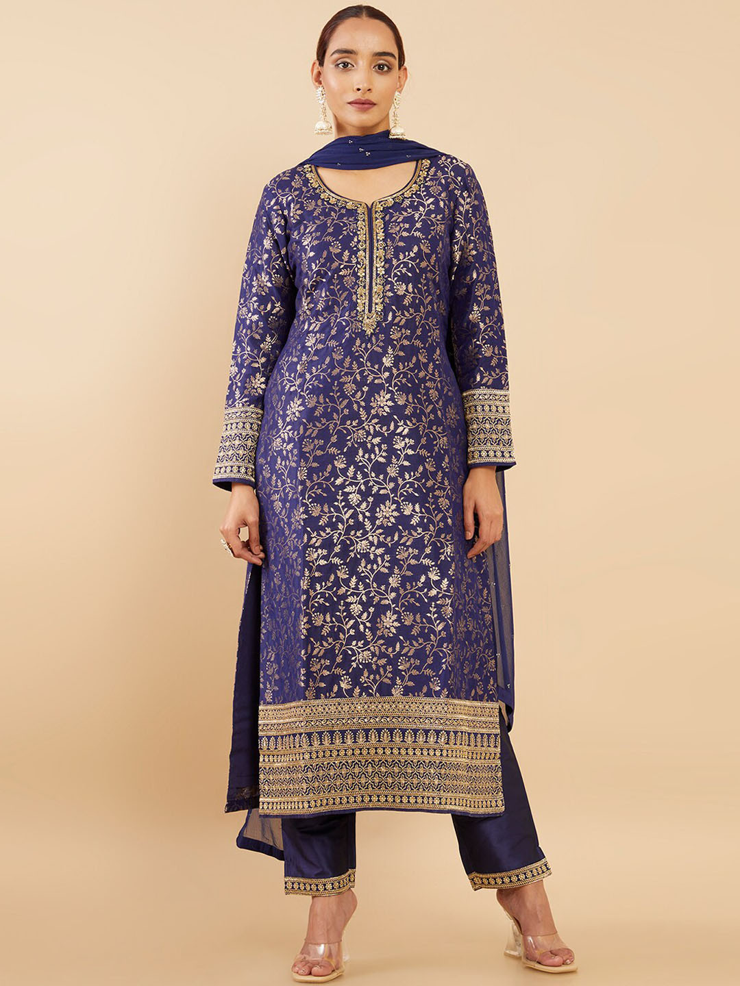 

Soch Women Navy Blue Floral Beads and Stones Kurta with Trousers & With Dupatta