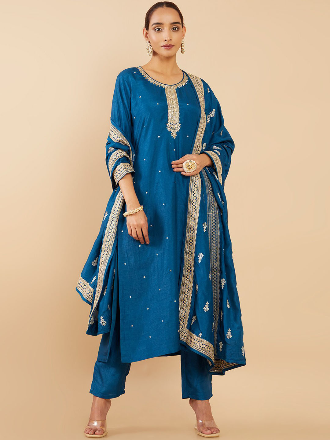 

Soch Women Blue Ethnic Motifs Embroidered Pure Silk Kurta with Trousers & With Dupatta