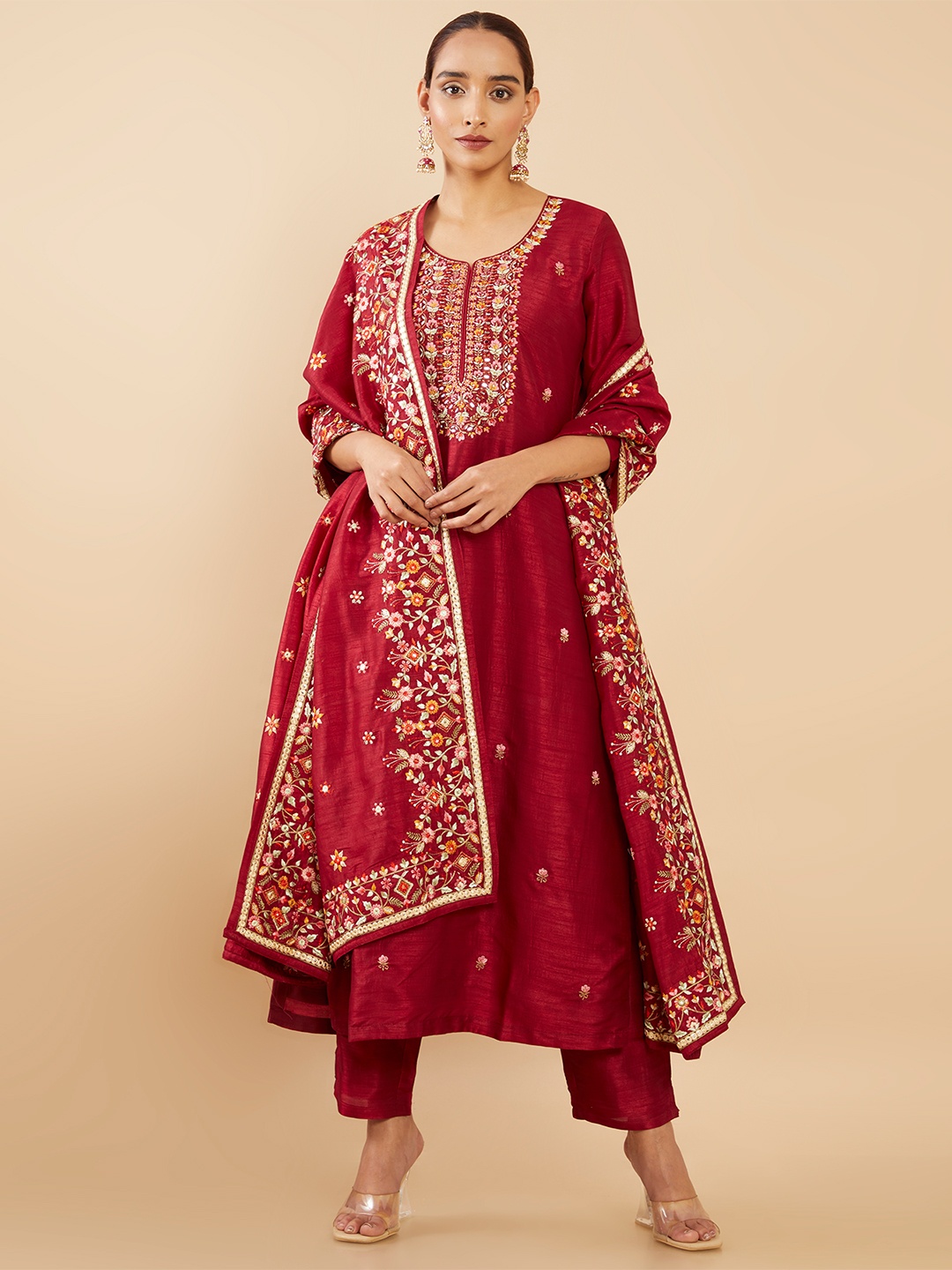 

Soch Women Floral Embroidered Pure Silk Kurta With Trousers & Dupatta, Maroon