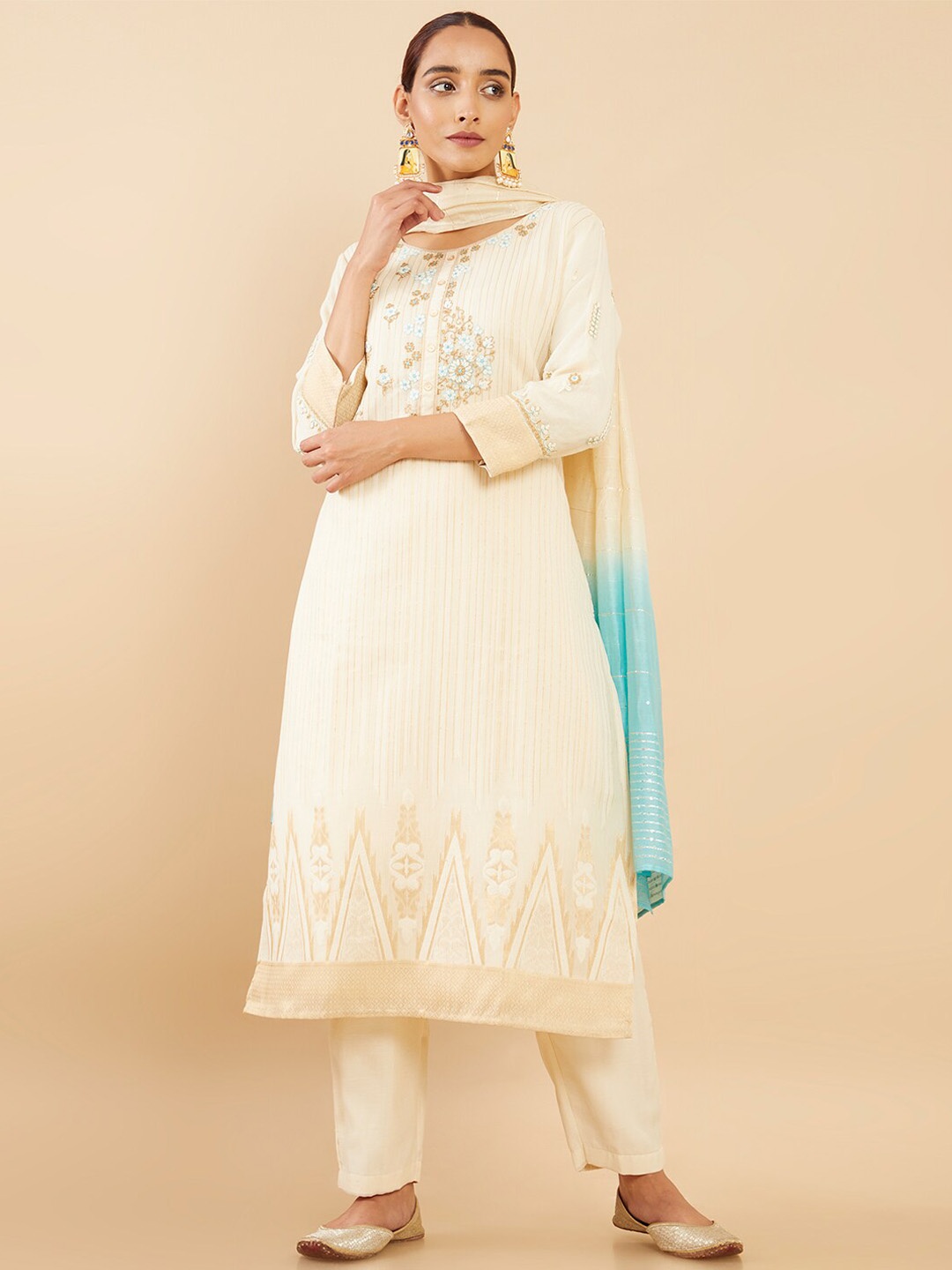 

Soch Women Beige Striped Silk Blend Kurta with Trousers & With Dupatta