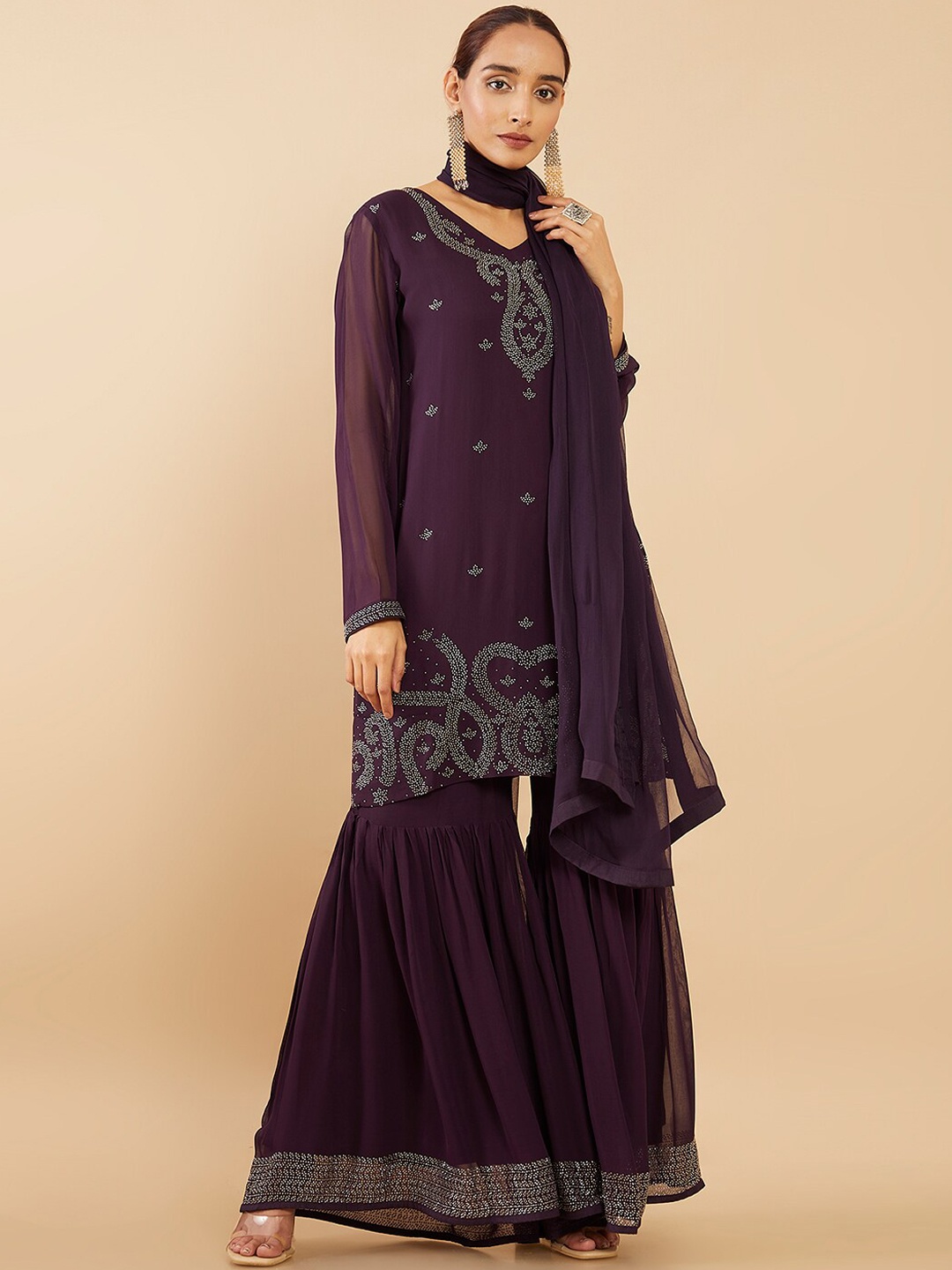 

Soch Women Purple Printed Silk Georgette Kurta with Sharara & With Dupatta