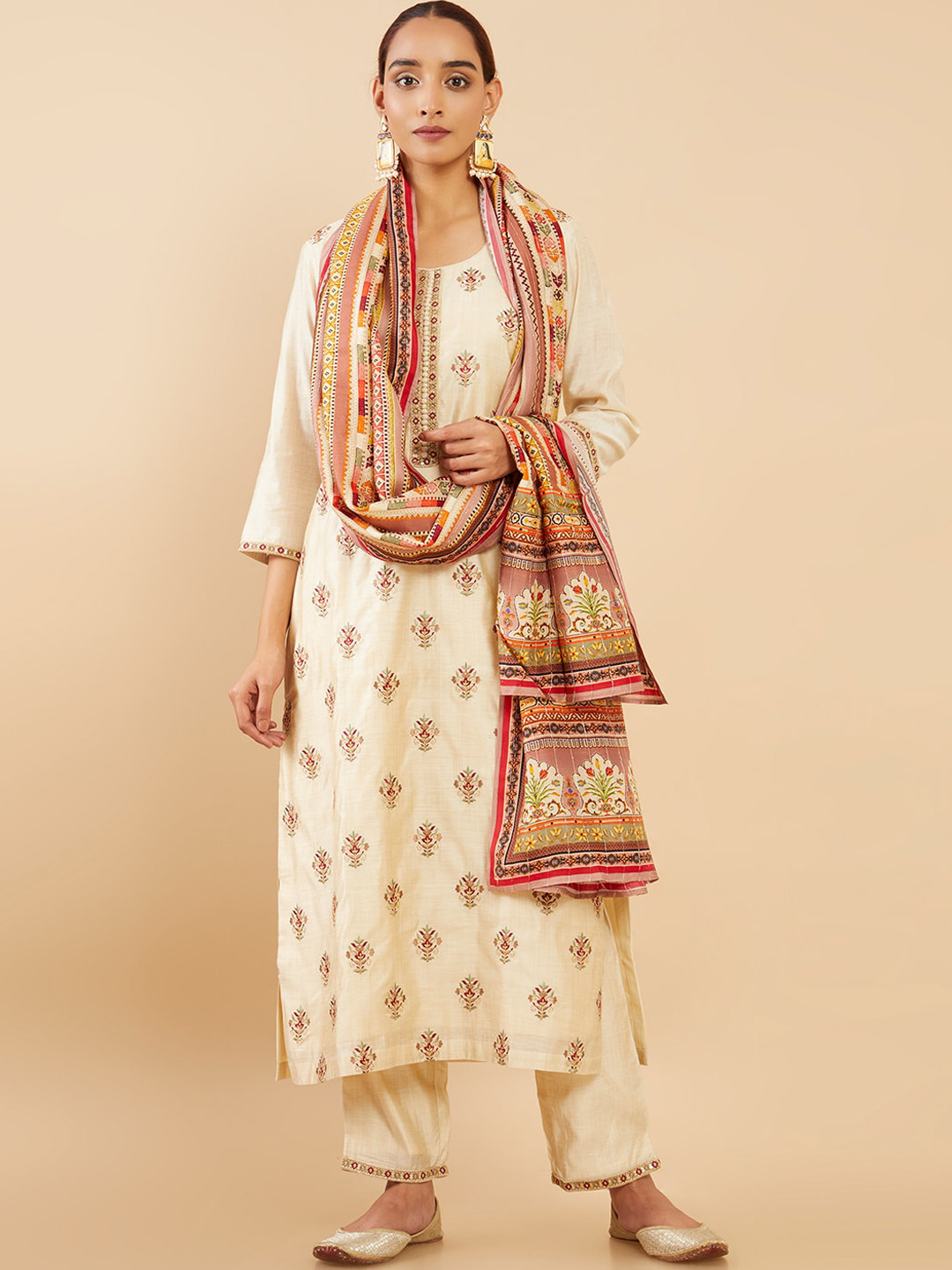 

Soch Women Beige Ethnic Motifs Printed Thread Work Pure Silk Kurta with Trousers & With Dupatta