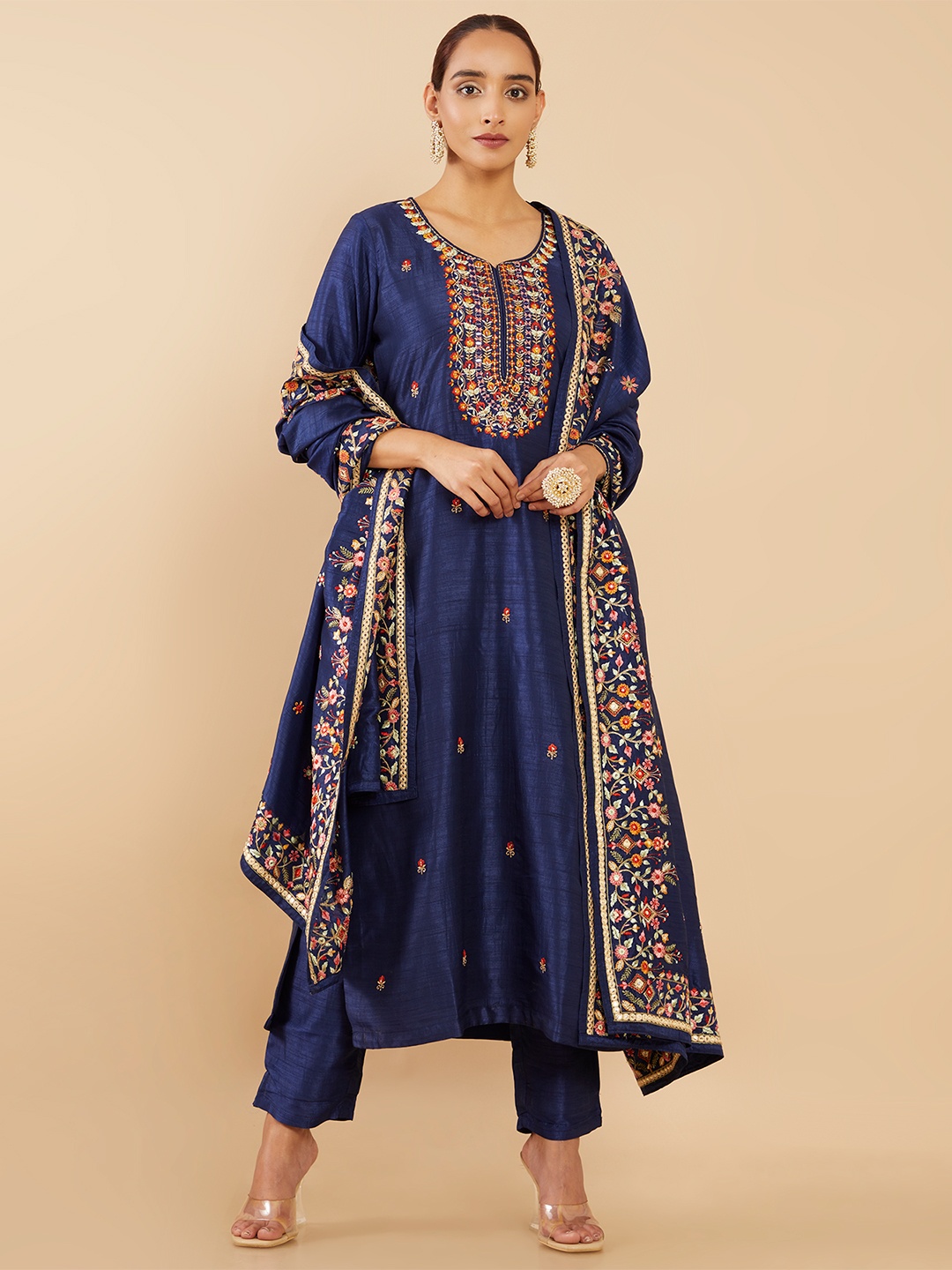 

Soch Women Maroon Floral Embroidered Pure Silk Kurta with Trousers & Dupatta