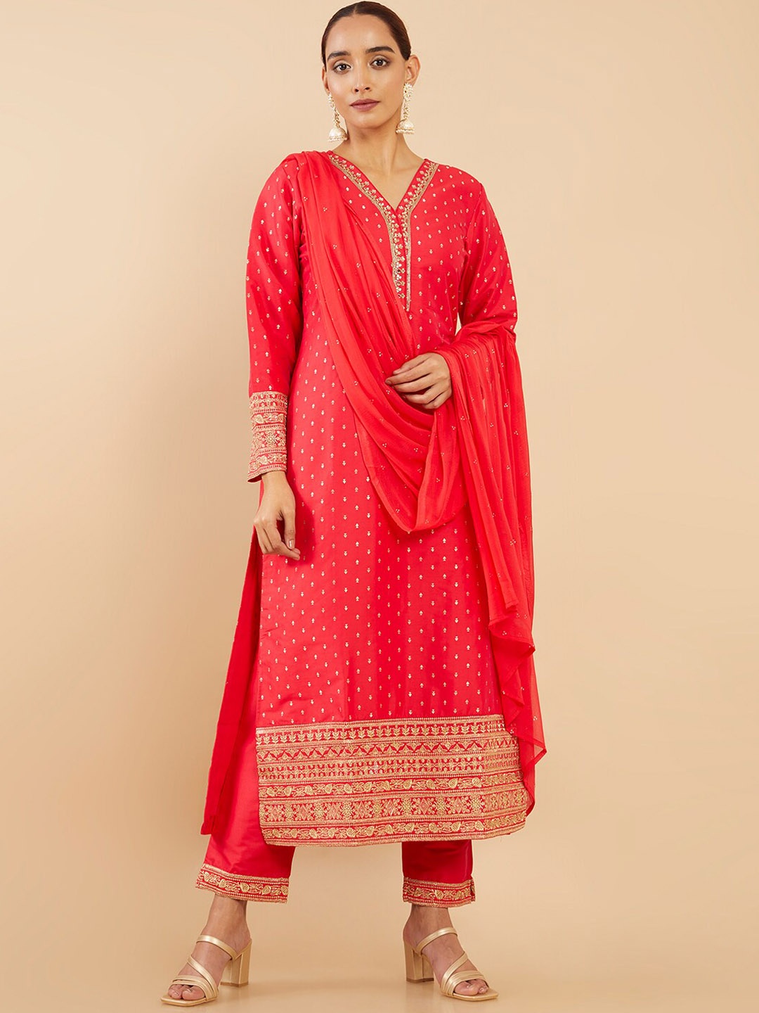 

Soch Women Red Embroidered Beads and Stones Kurta with Trousers & With Dupatta