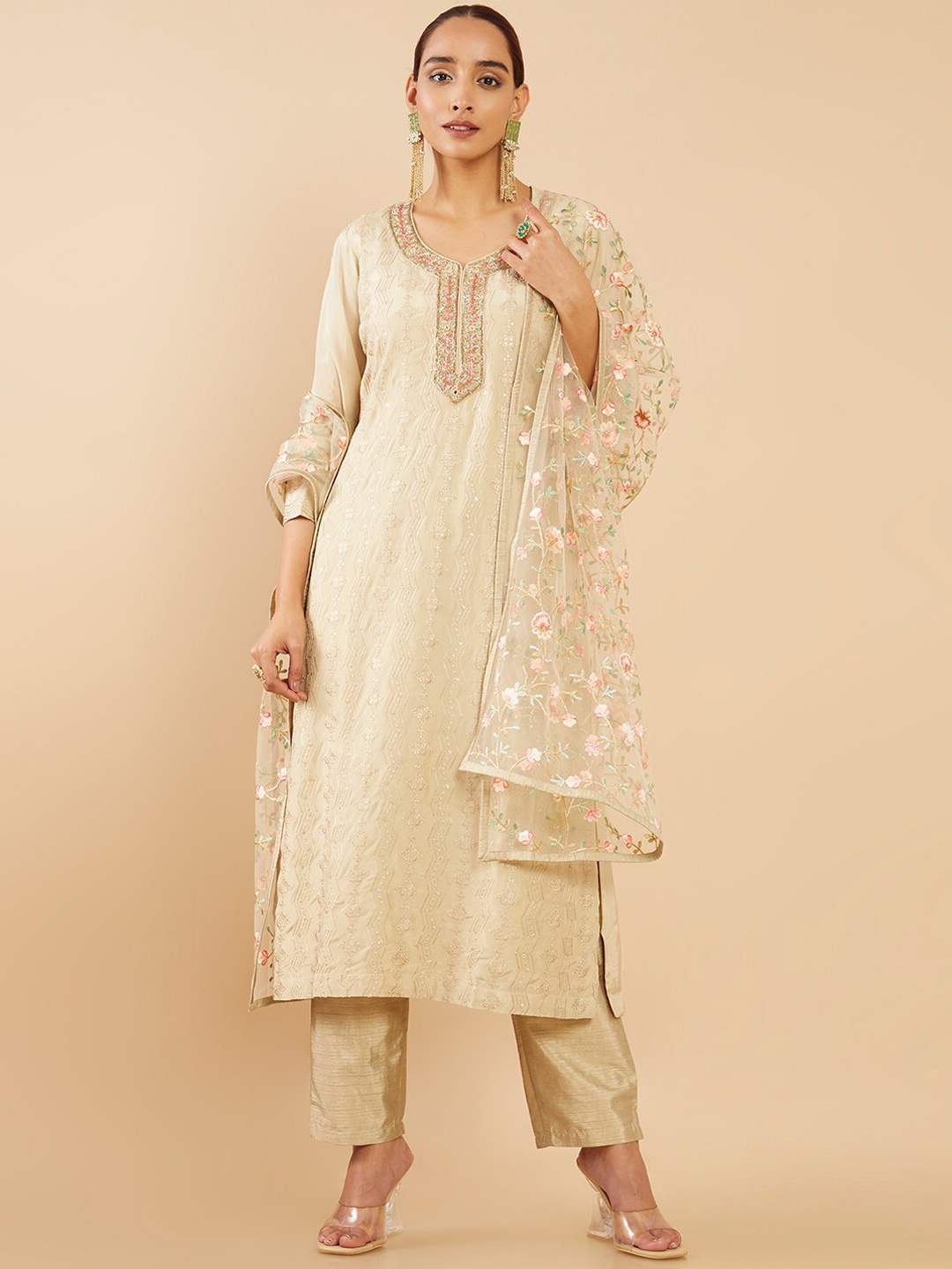 

Soch Women Cream Floral Embroidered Pure Silk Kurta with Trousers & With Dupatta
