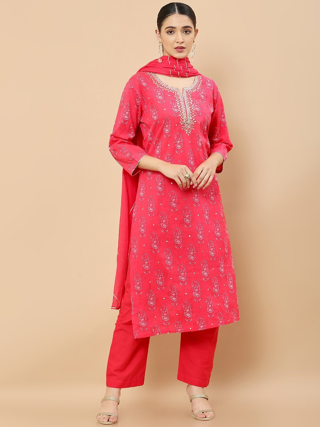 

Soch Women Coral Paisley Printed Sequinned Pure Cotton Kurta with Palazzos & With Dupatta