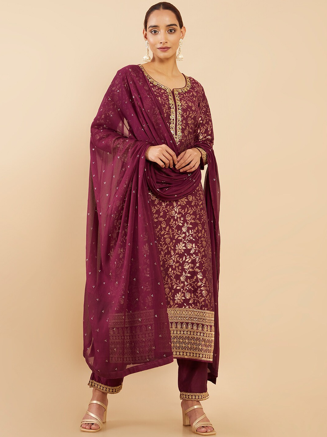 

Soch Women Maroon Beads and Stones Kurta with Trousers & With Dupatta
