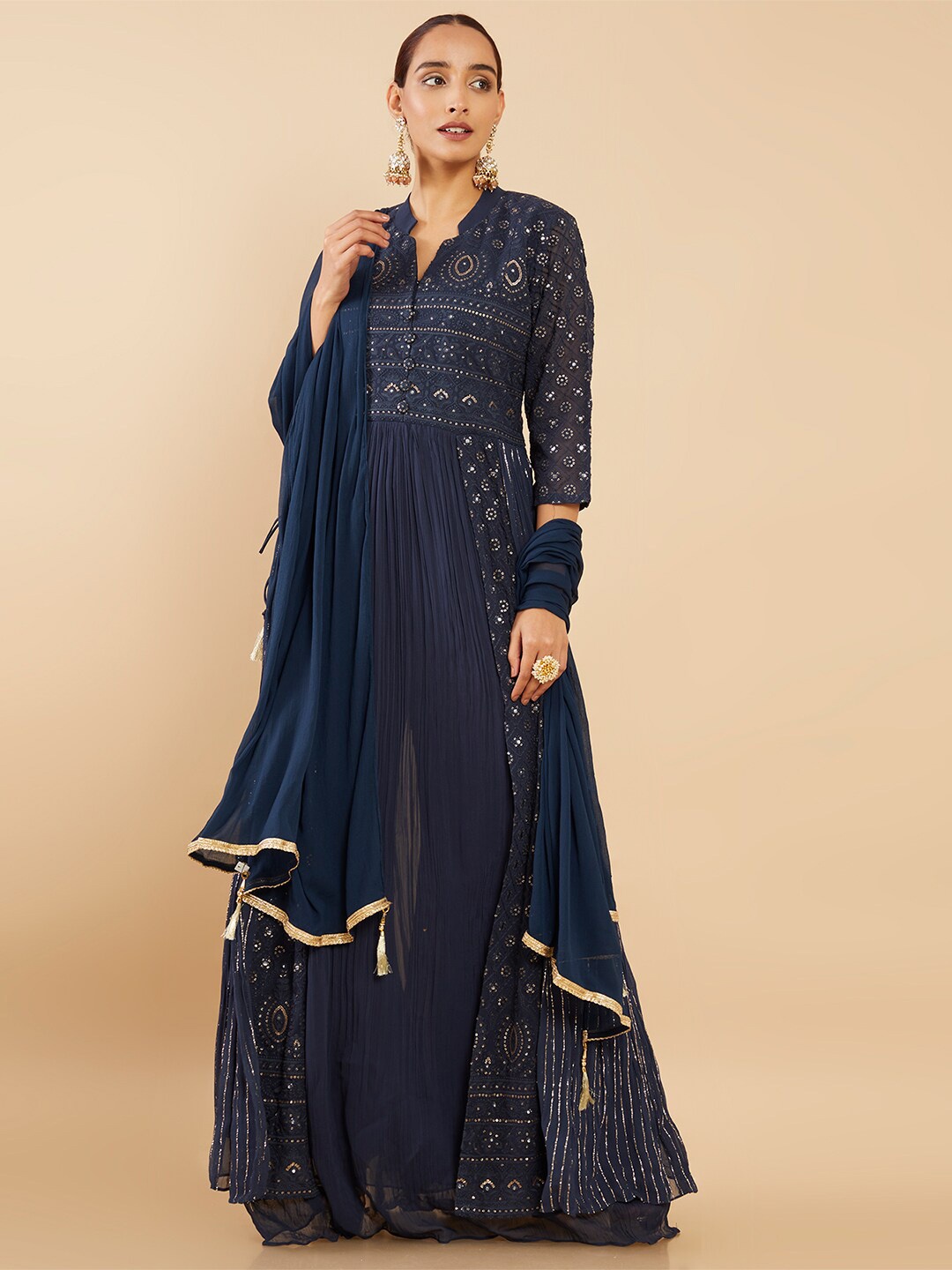 

Soch Women Navy Blue Embroidered Silk Georgette Kurta with Palazzos & With Dupatta