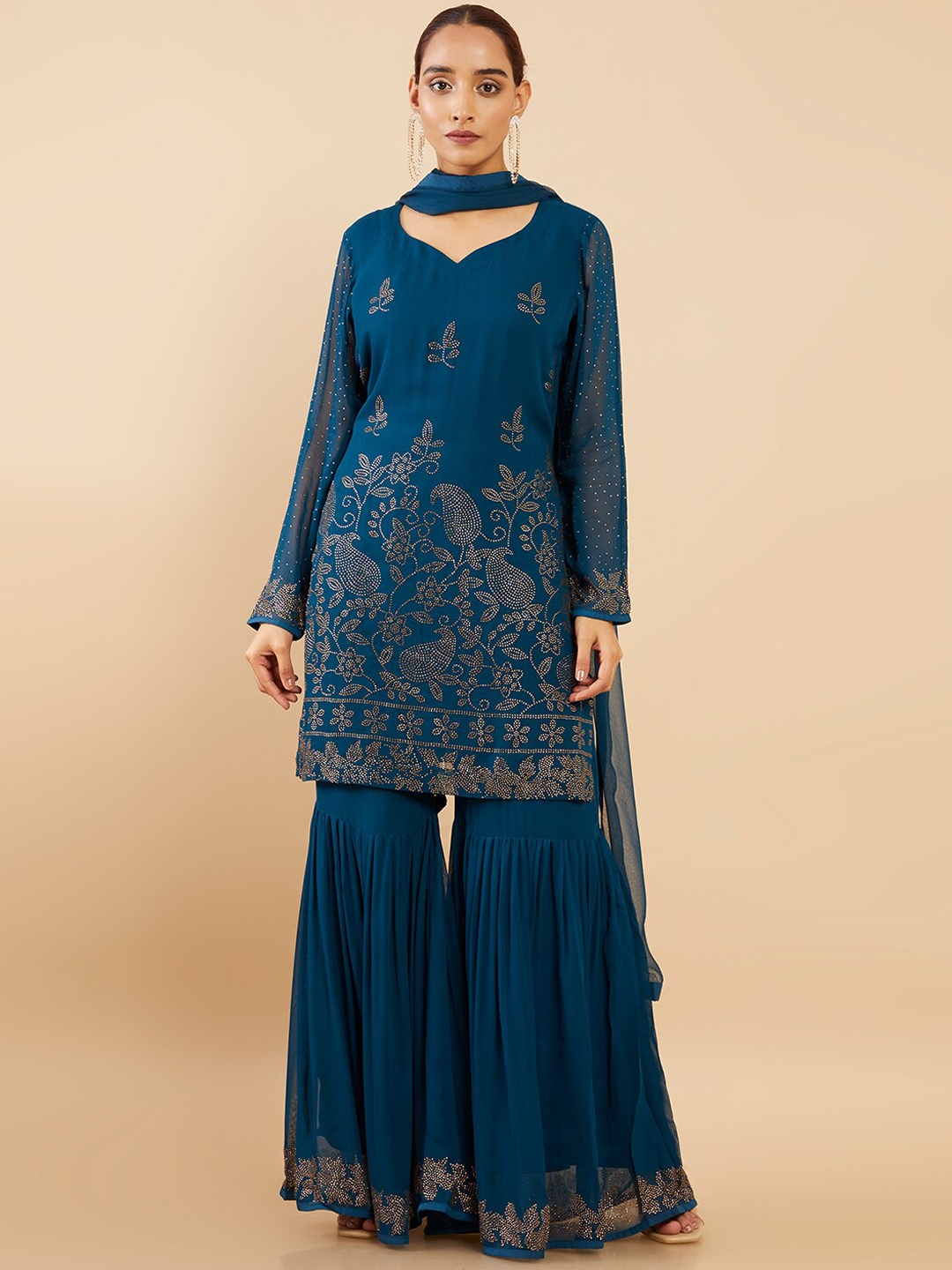 

Soch Women Teal Ethnic Motifs Printed Silk Georgette Kurta with Sharara & With Dupatta