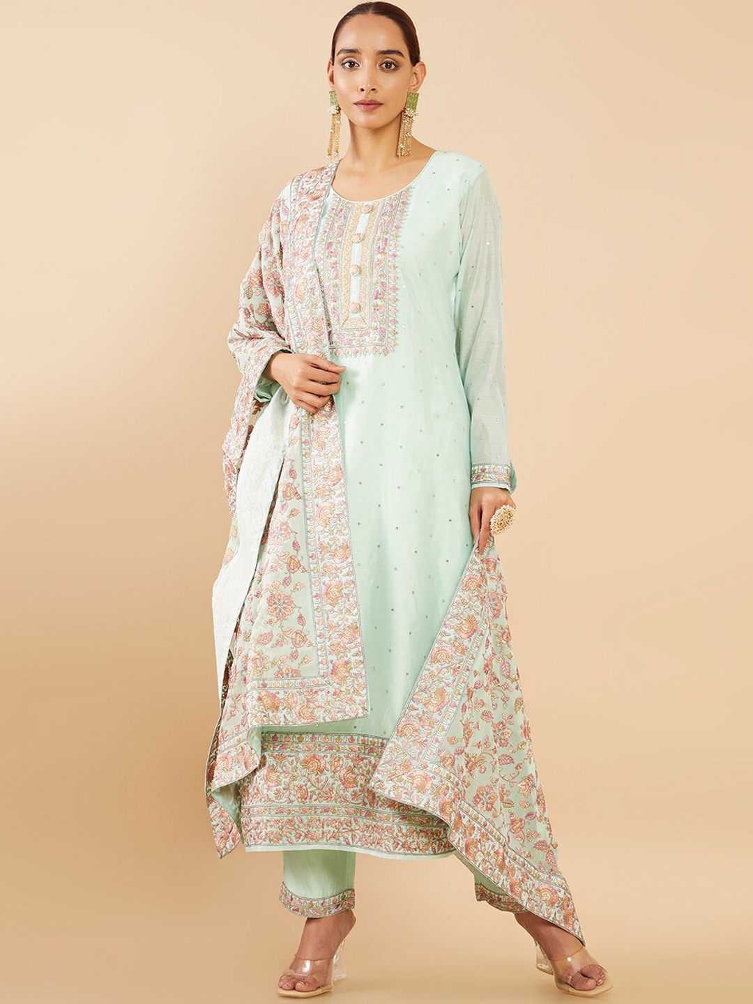 

Soch Women Blue Ethnic Motifs Embroidered Chanderi Silk Kurta with Trousers & With Dupatta