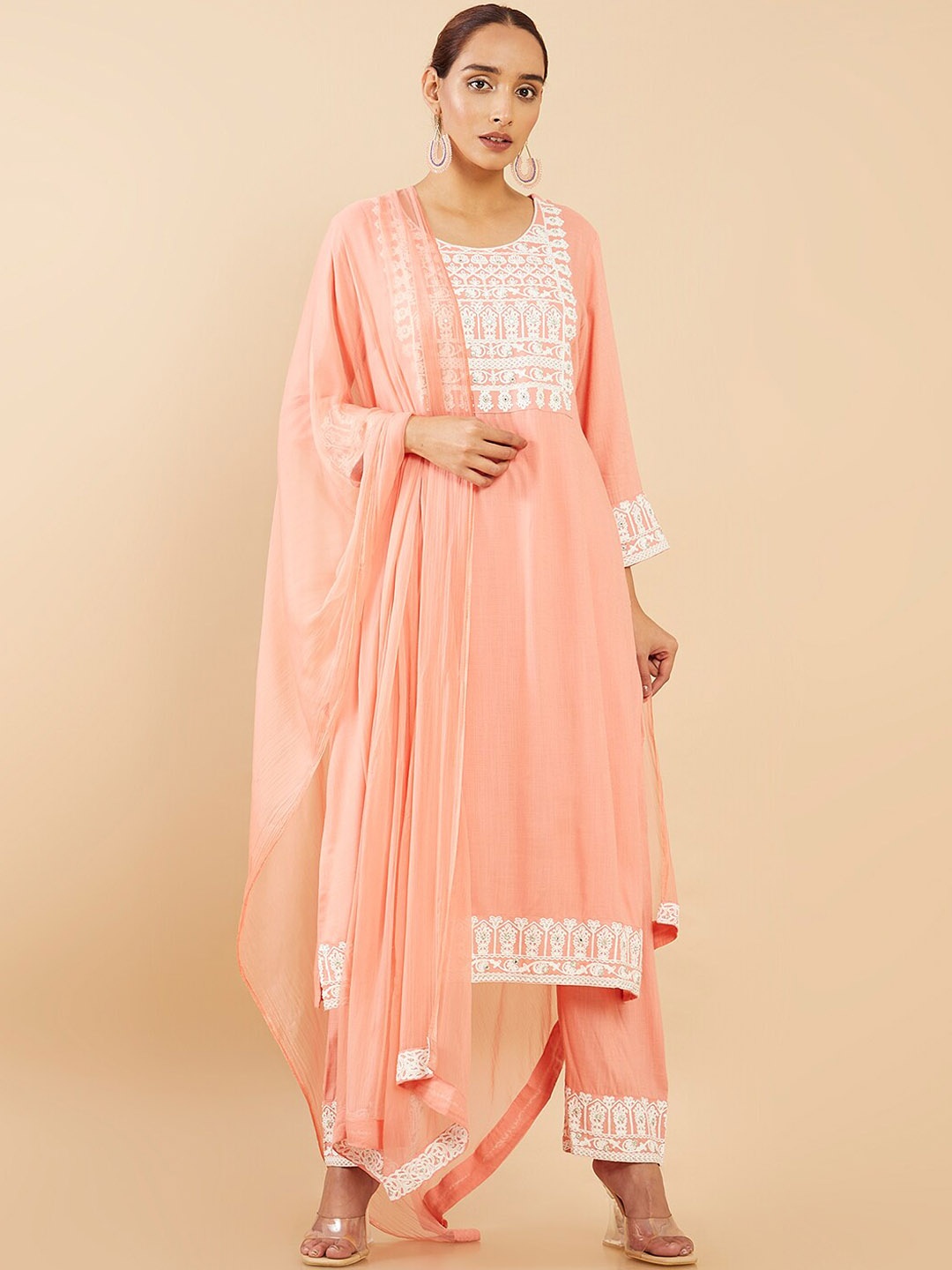 

Soch Women Peach-Coloured Ethnic Motifs Embroidered Thread Work Kurta with Trousers & With Dupatta