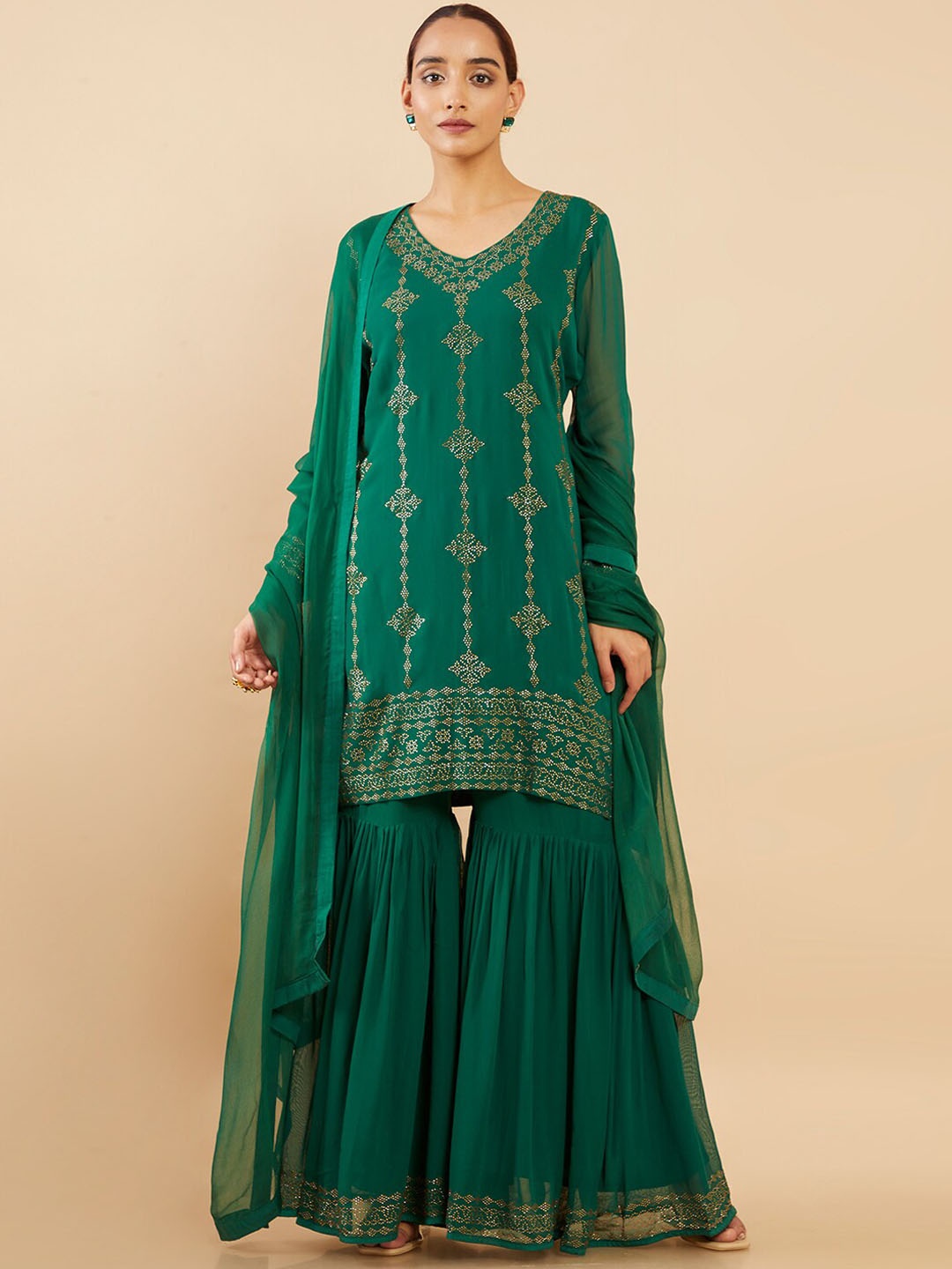 

Soch Women Green Ethnic Motifs Printed Silk Georgette Kurta with Sharara & With Dupatta