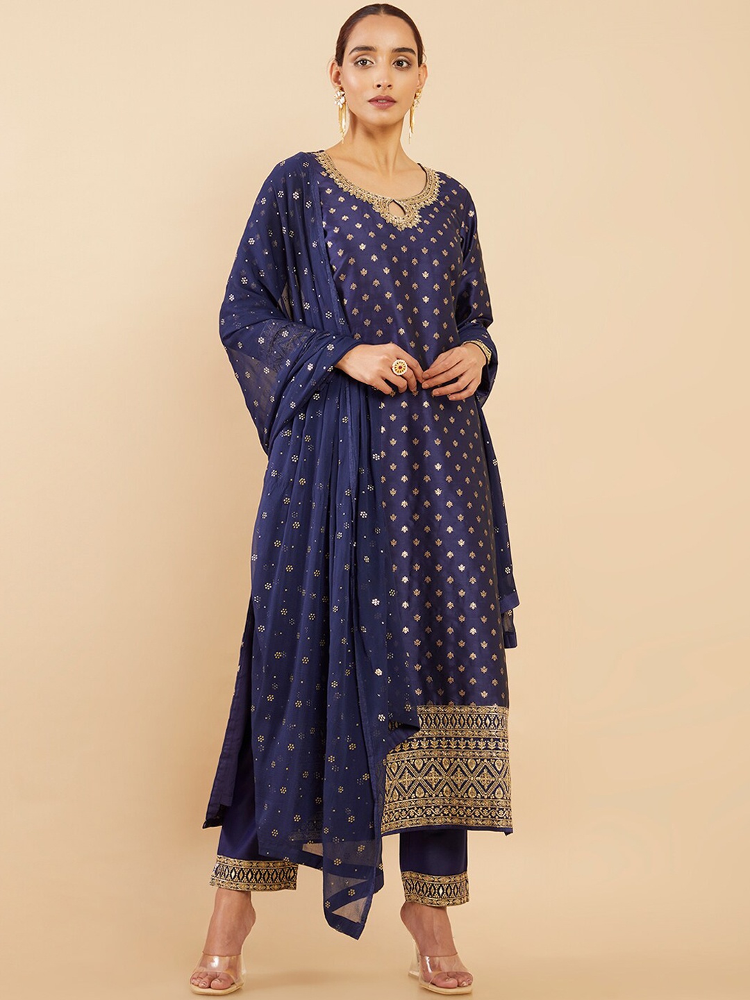 

Soch Women Navy Blue Ethnic Motifs Kurta with Trousers & With Dupatta