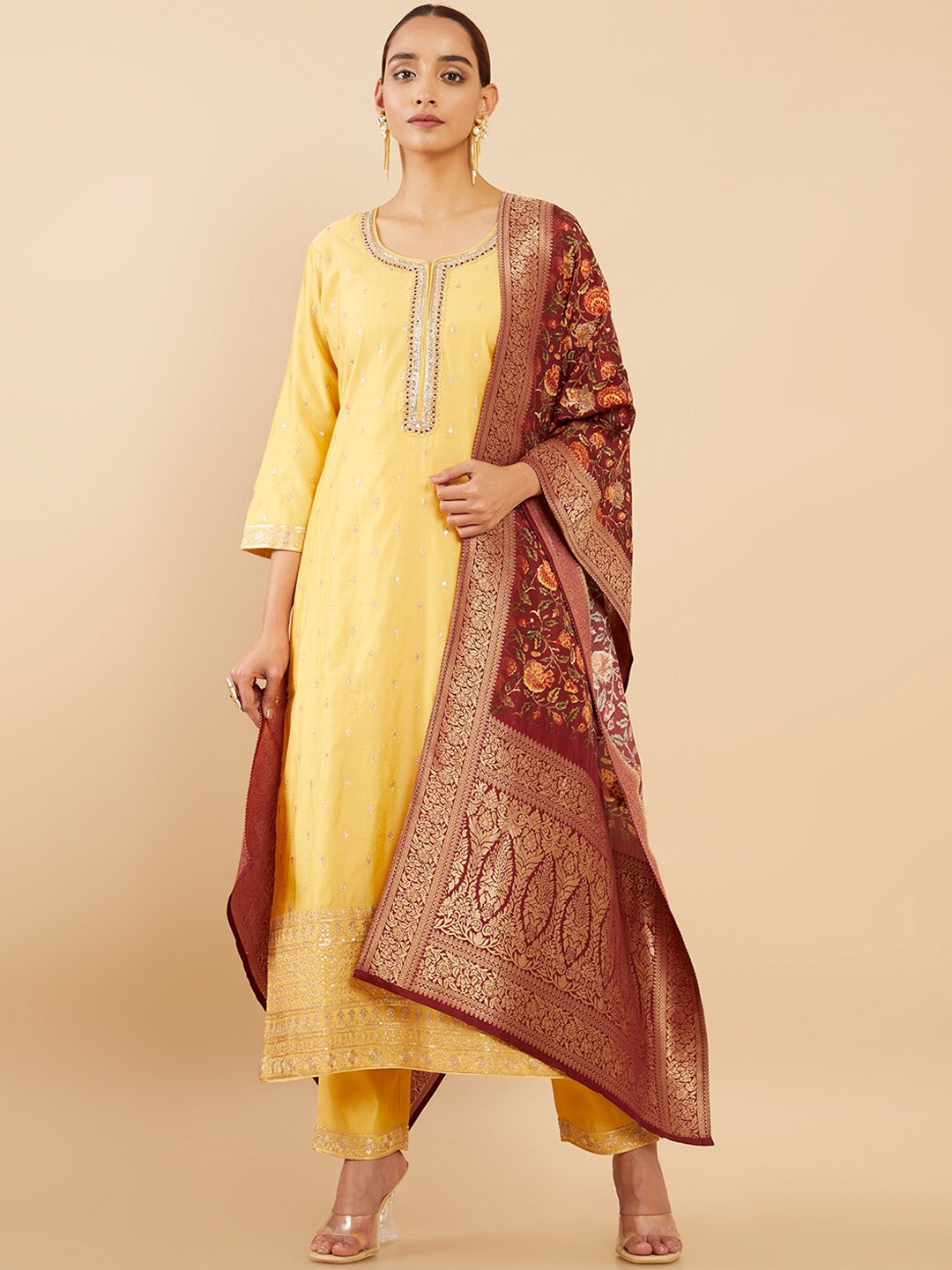 

Soch Women Mustard Yellow Ethnic Motifs Chanderi Silk Kurta with Trousers & With Dupatta