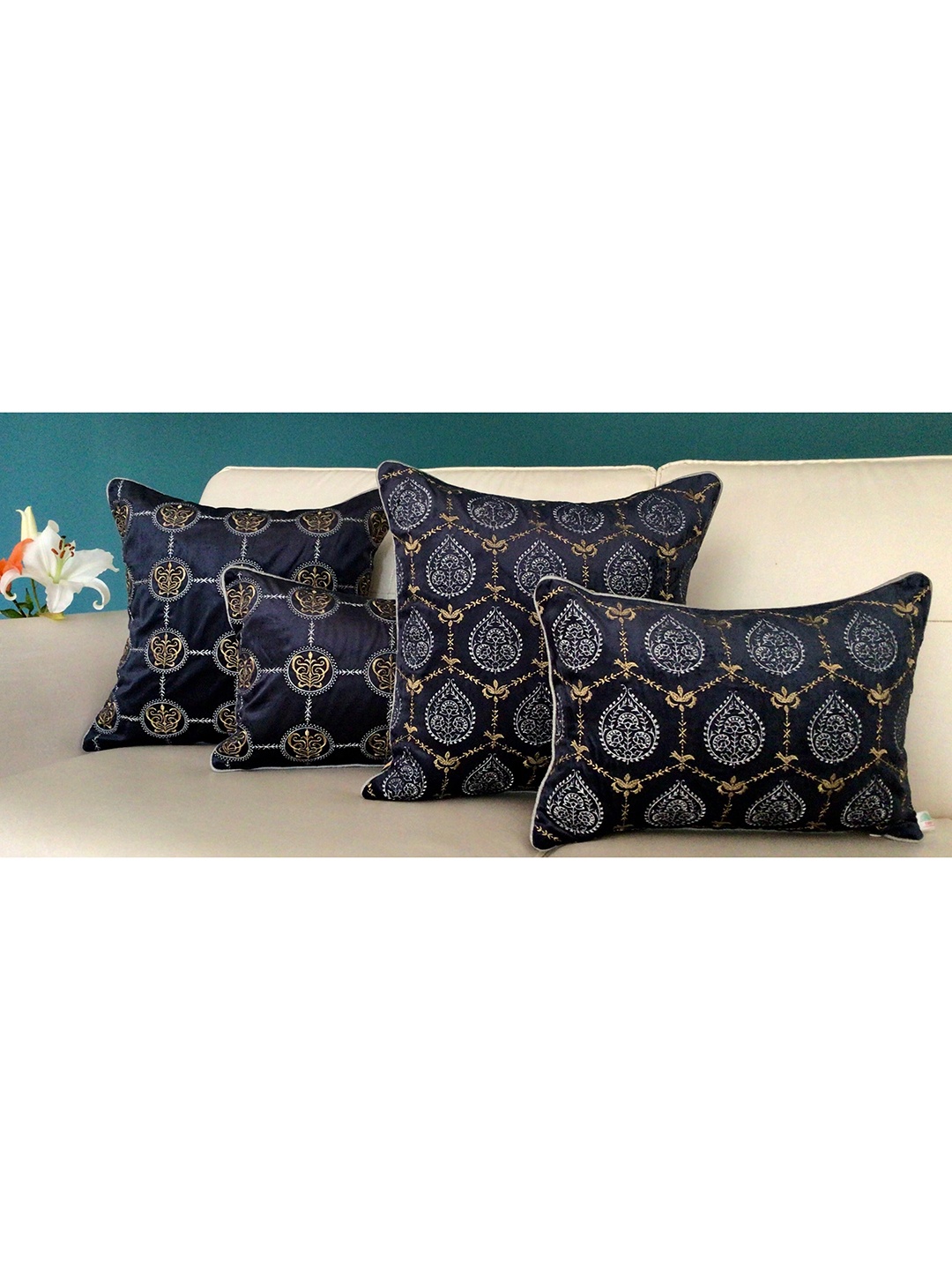 

TARA- Sparkling Homes Blue & White Geometric Velvet Square Cushion Covers