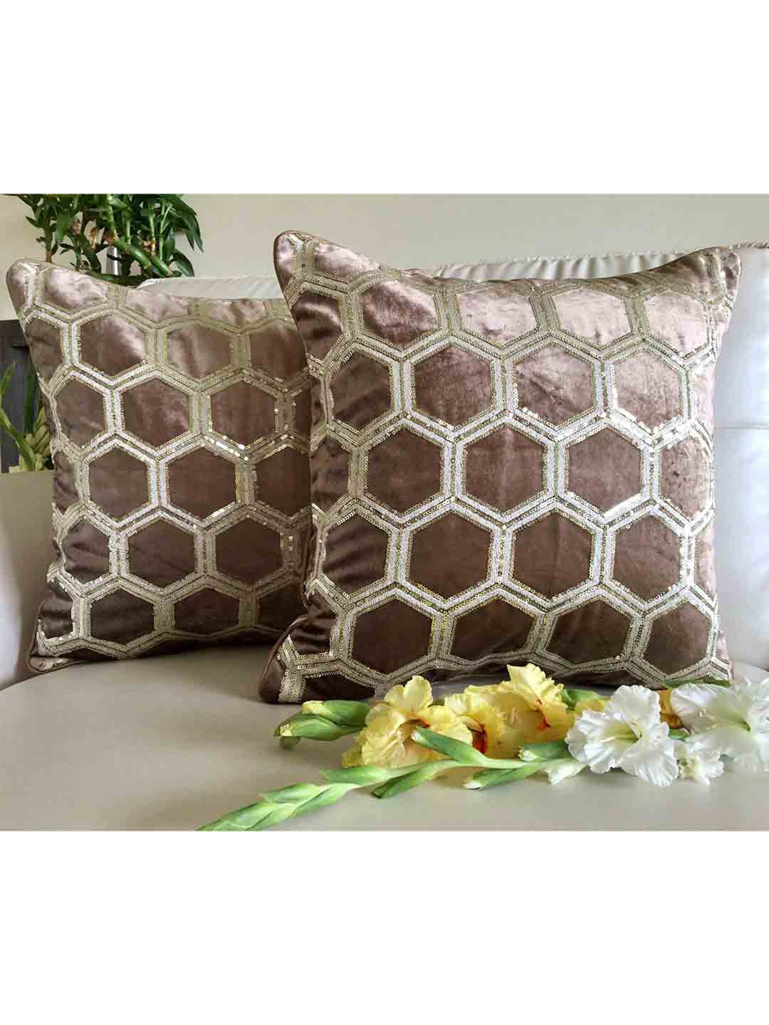 

TARA- Sparkling Homes Gold-Toned Geometric Velvet Square Cushion Covers