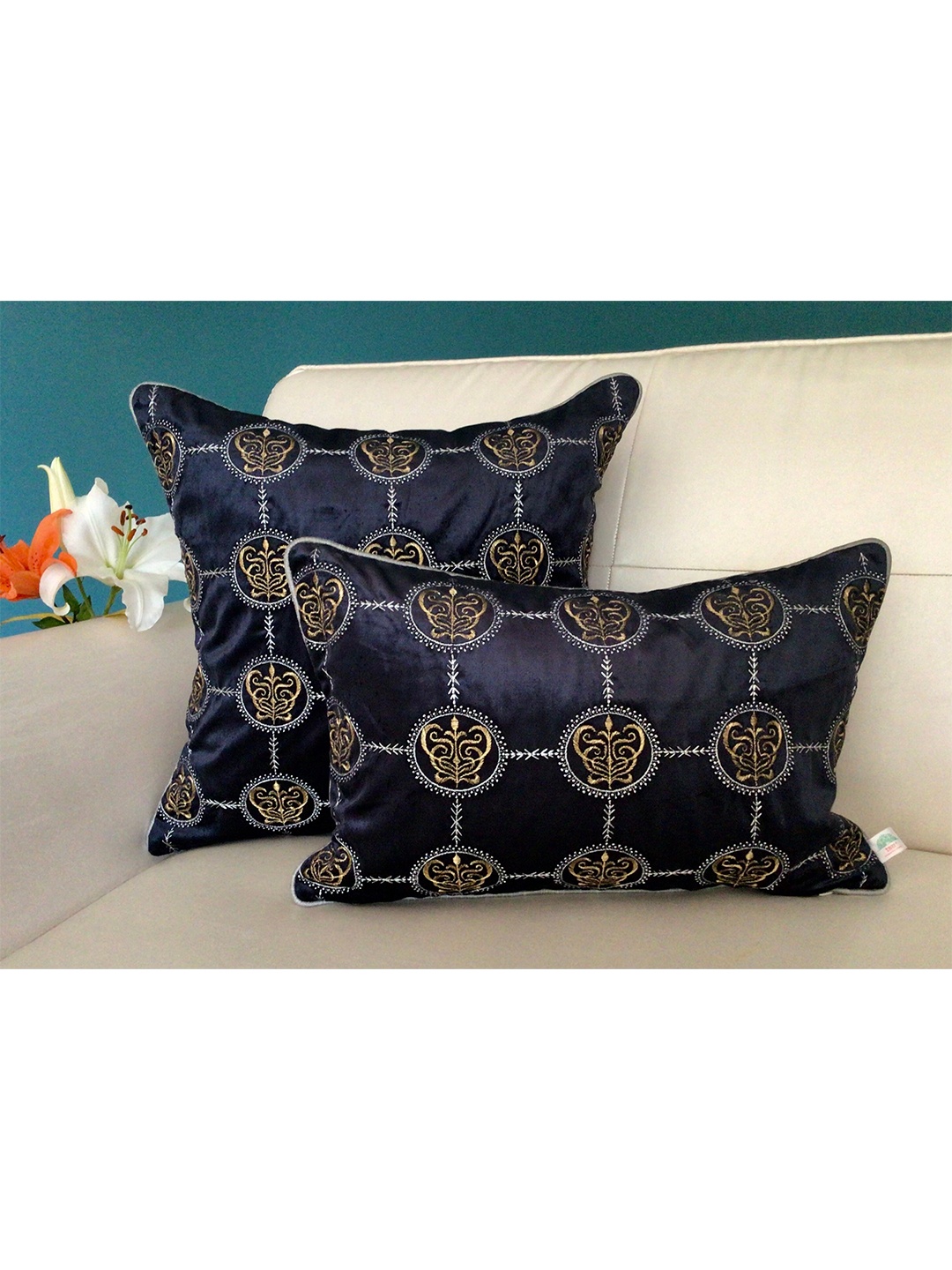 

TARA- Sparkling Homes Blue & Gold-Toned Ethnic Motifs Velvet Square Cushion Covers