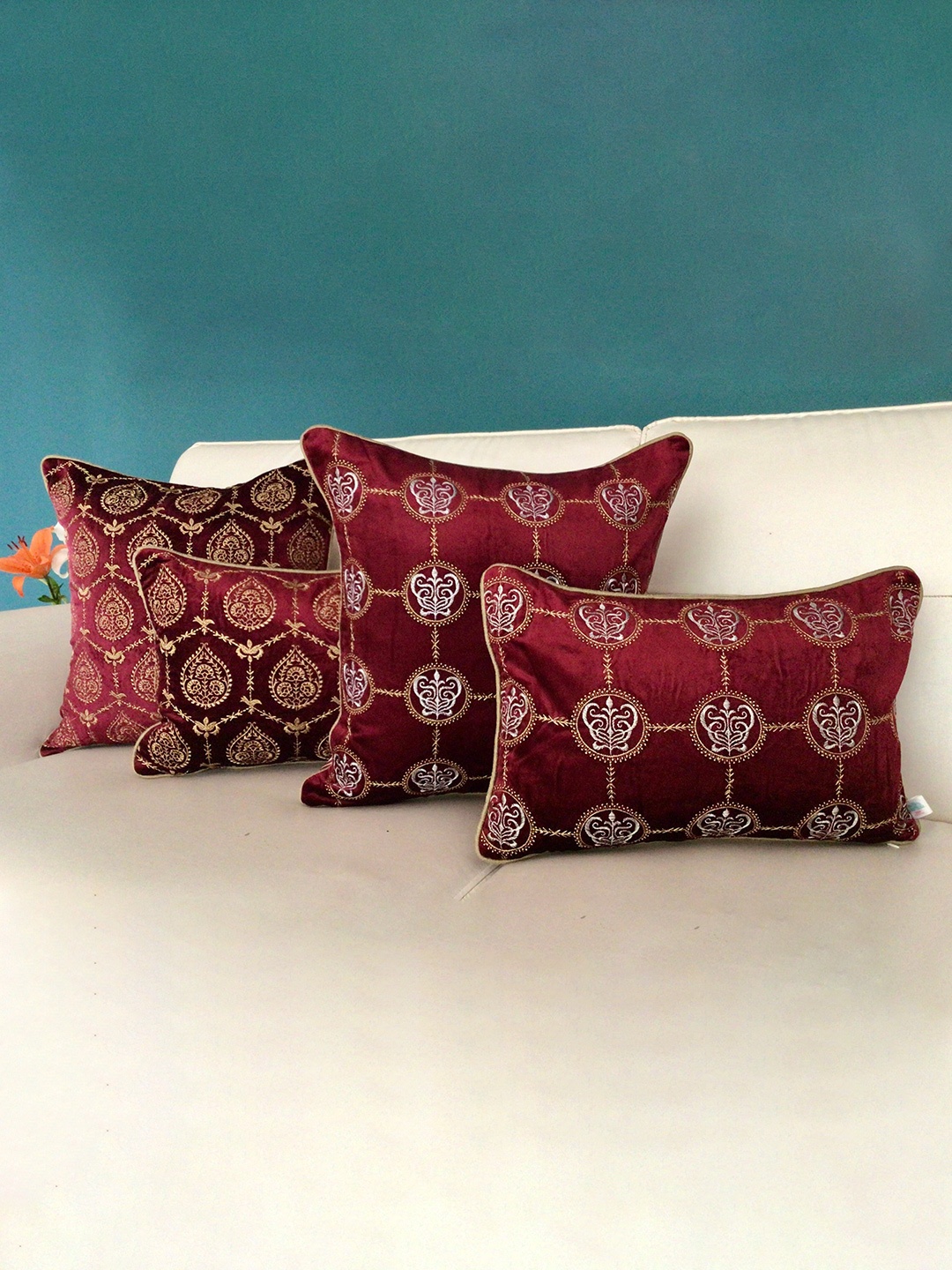 

TARA- Sparkling Homes Maroon Embroidered Velvet Square Cushion Covers