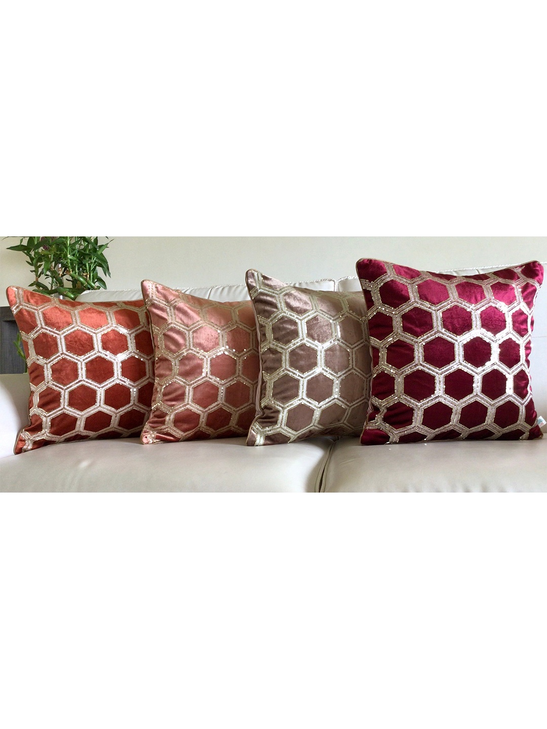 

TARA- Sparkling Homes Maroon & Gold-Toned Geometric Velvet Square Cushion Covers