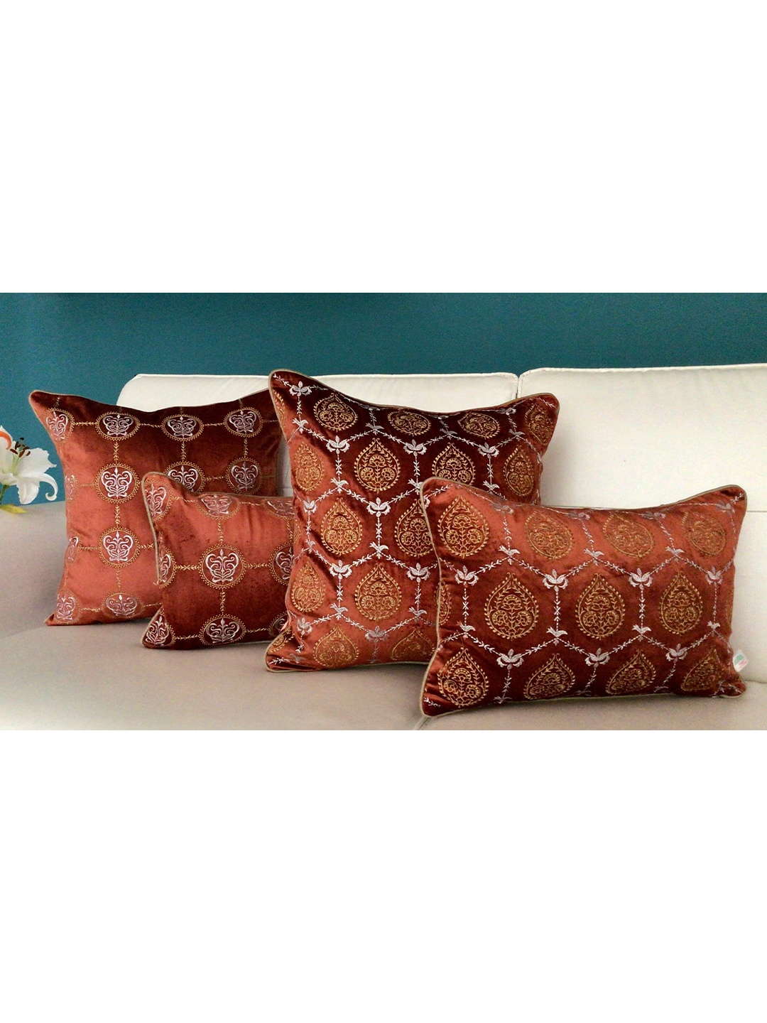 

TARA- Sparkling Homes Orange & White Ethnic Motifs Velvet Square Cushion Covers