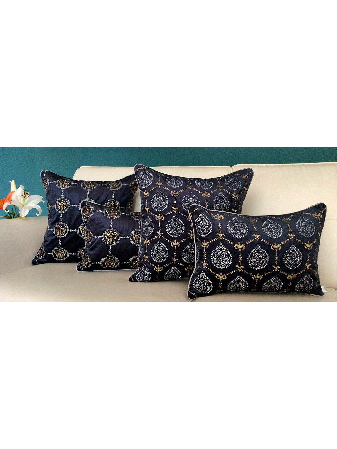 

TARA- Sparkling Homes Blue & Gold-Toned Ethnic Motifs Velvet Square Cushion Covers