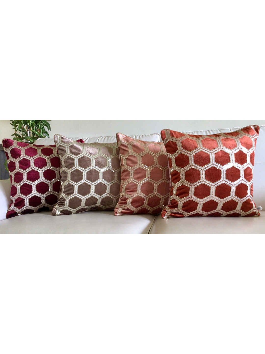 

TARA- Sparkling Homes Pink & Gold-Toned Geometric Velvet Square Cushion Covers