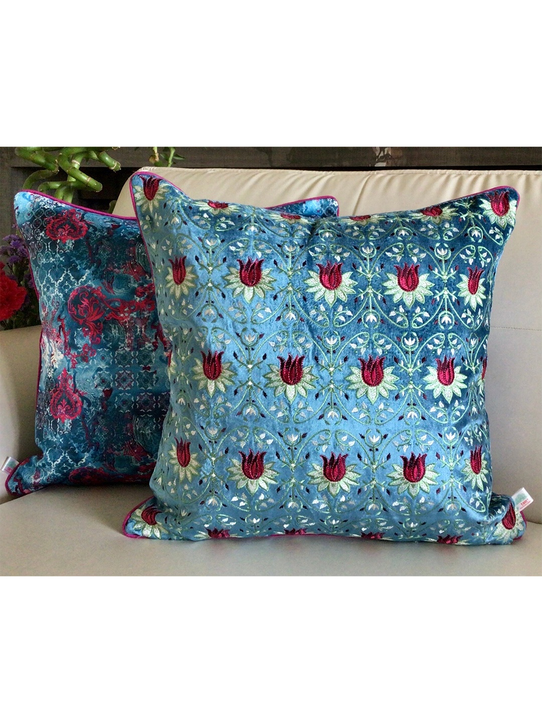 

TARA- Sparkling Homes Blue & Red Floral Velvet Square Cushion Covers