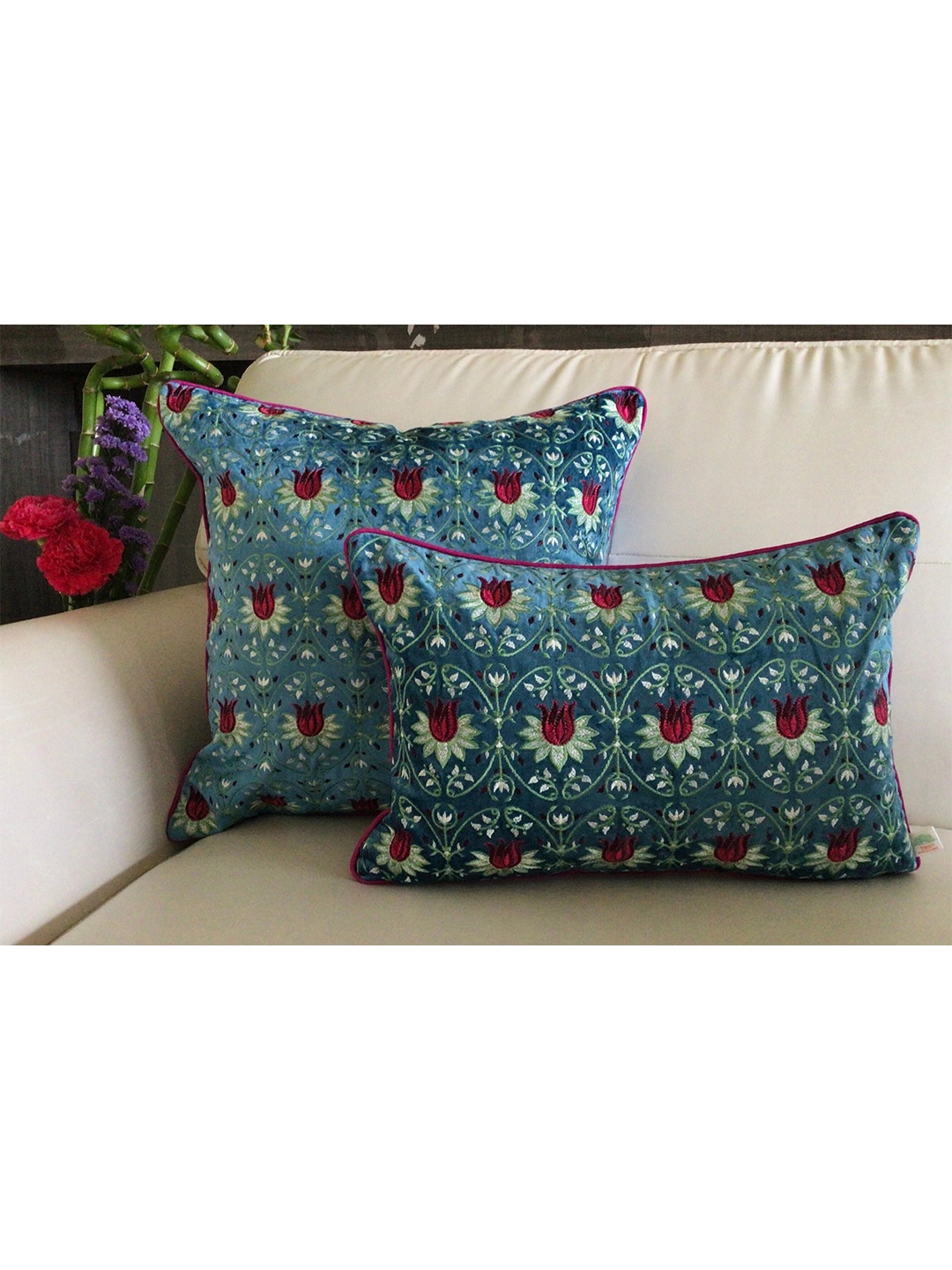 

TARA- Sparkling Homes Blue & Coffee Brown Set of 2 Floral Velvet Rectangle Cushion Covers