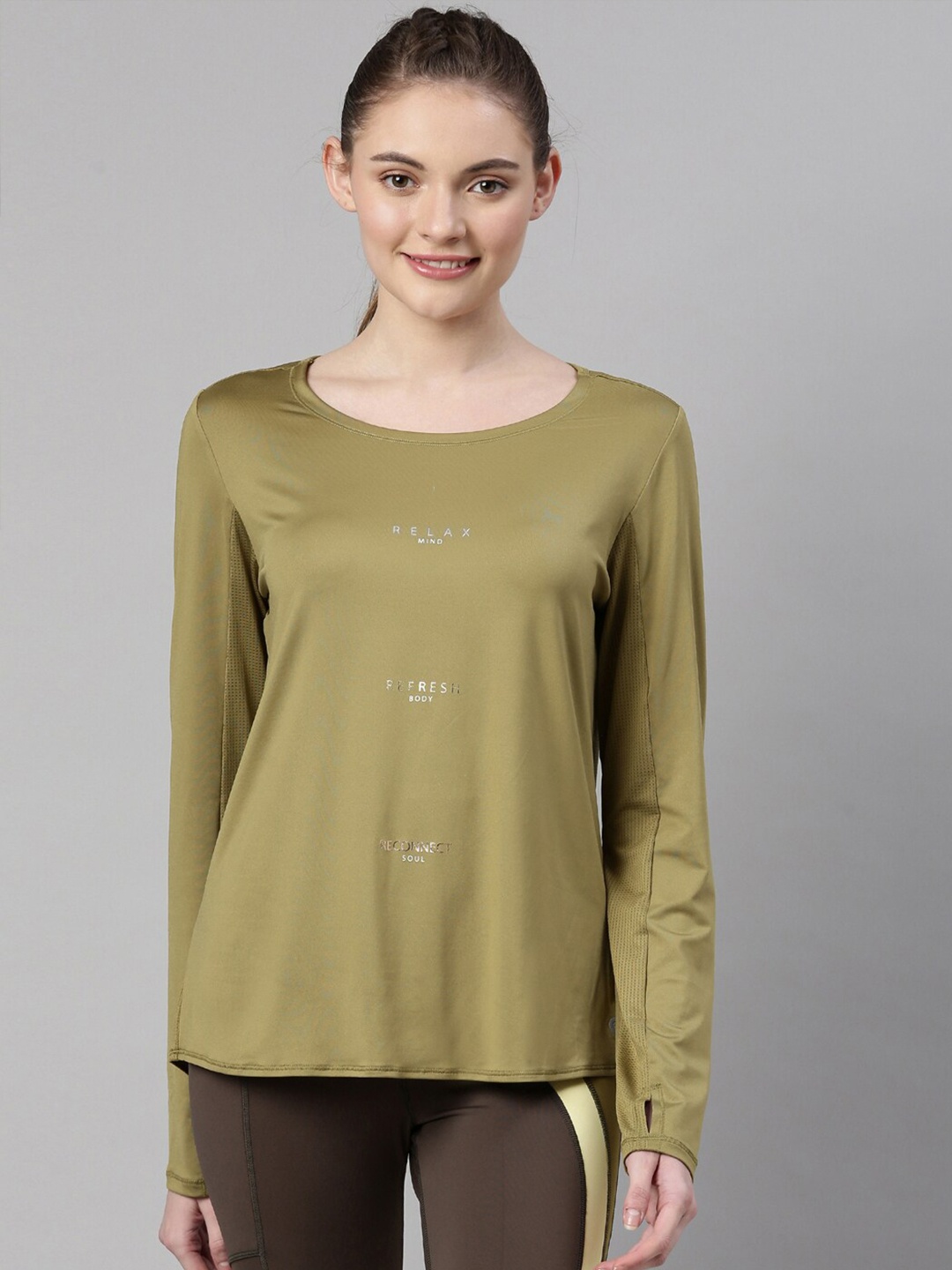 

Enamor Women Olive Green Typography Extended Sleeves Antimicrobial T-shirt
