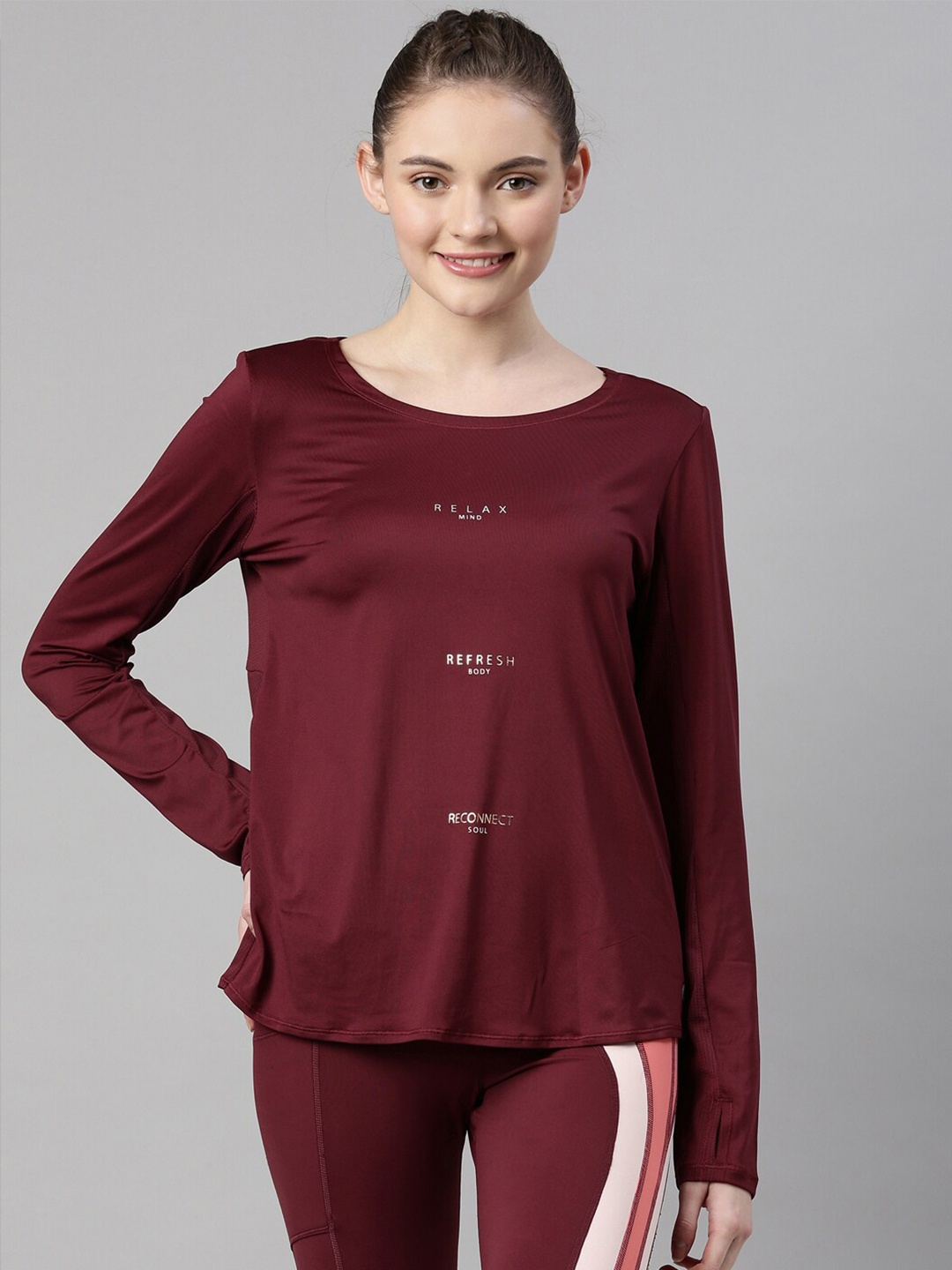 Enamor Women Maroon Typography Antimicrobial T-shirt