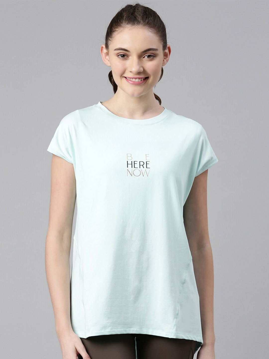 

Enamor Women Blue Typography Printed Extended Sleeves Antimicrobial Applique T-shirt