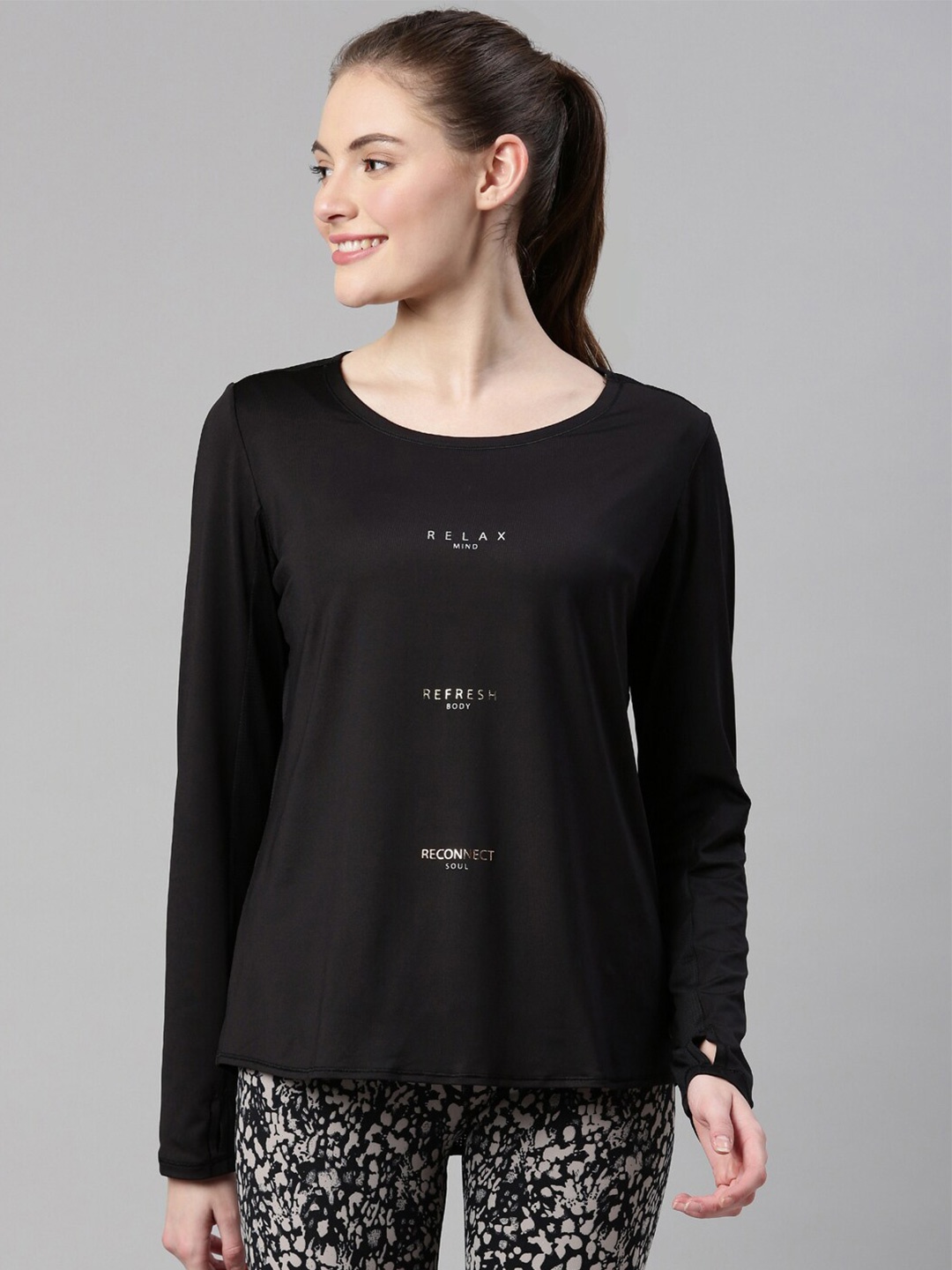 Enamor Women Black Typography Extended Sleeves Antimicrobial T-shirt