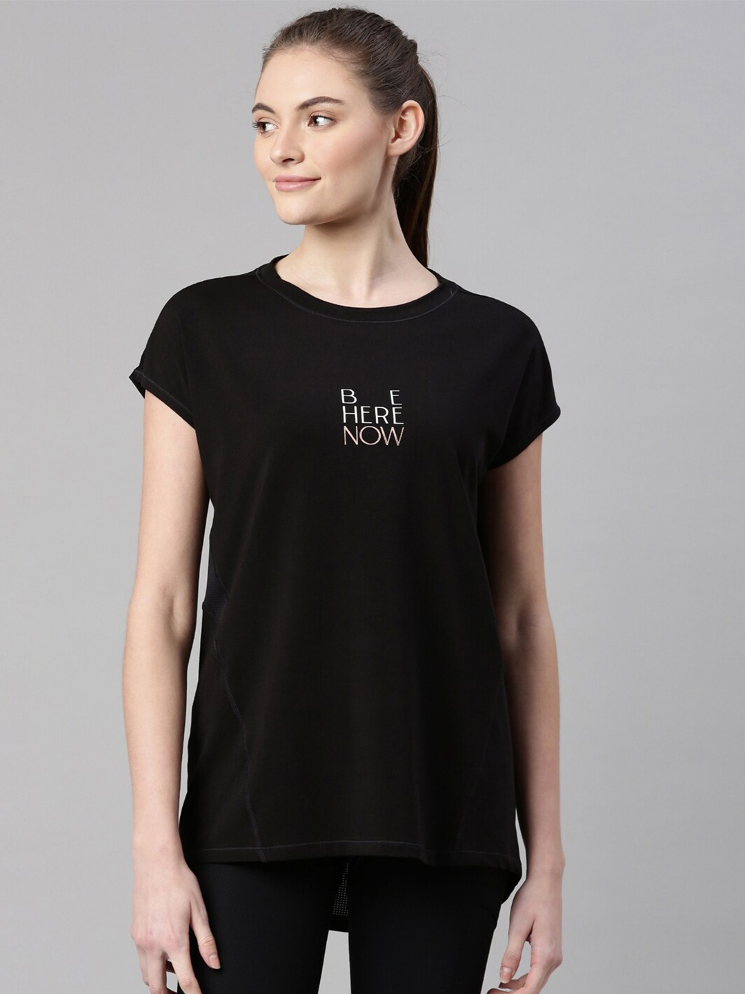 

Enamor Women Black Typography Extended Sleeves Antimicrobial T-shirt