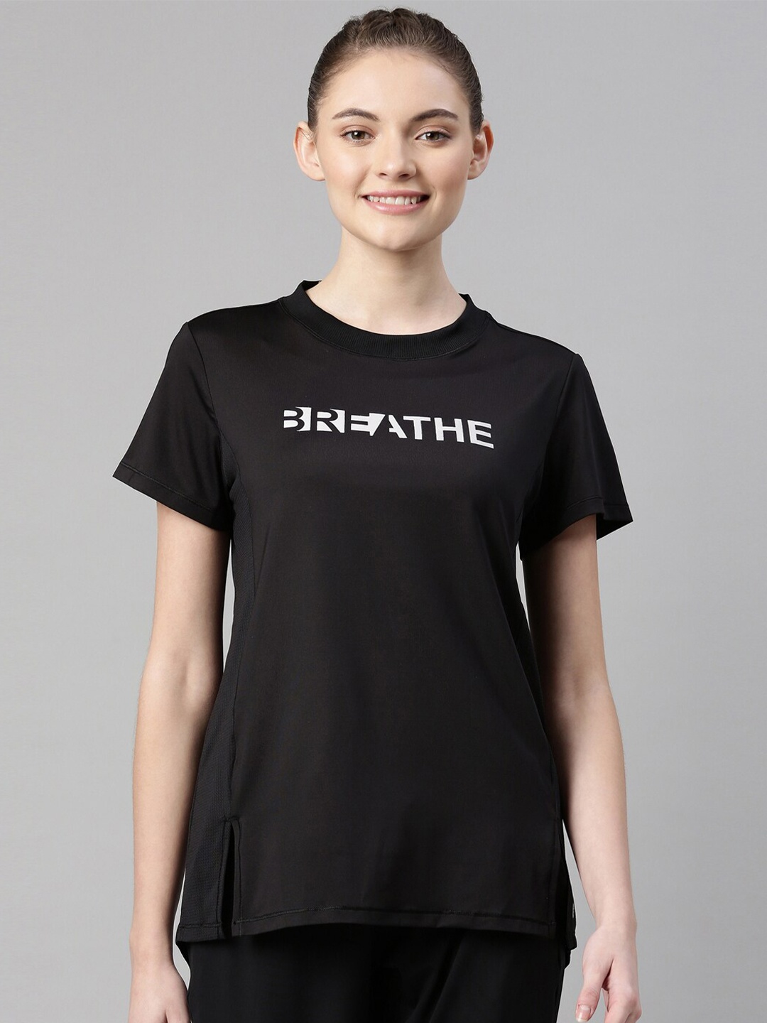 

Enamor Women Black Typography Printed Antimicrobial T-shirt