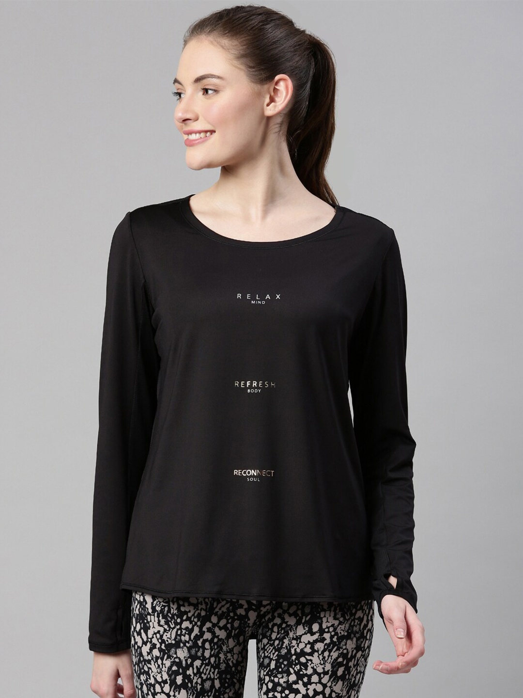 Enamor Women Black Typography Extended Sleeves Antimicrobial T-shirt