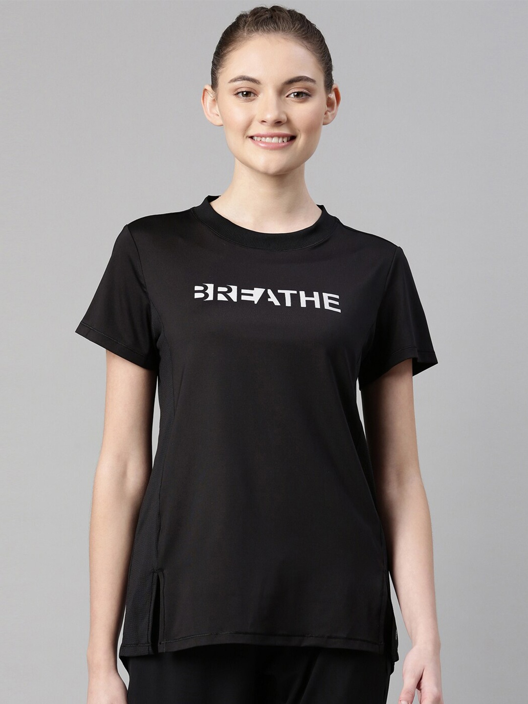 Enamor Women Black Typography Printed Antimicrobial T-shirt